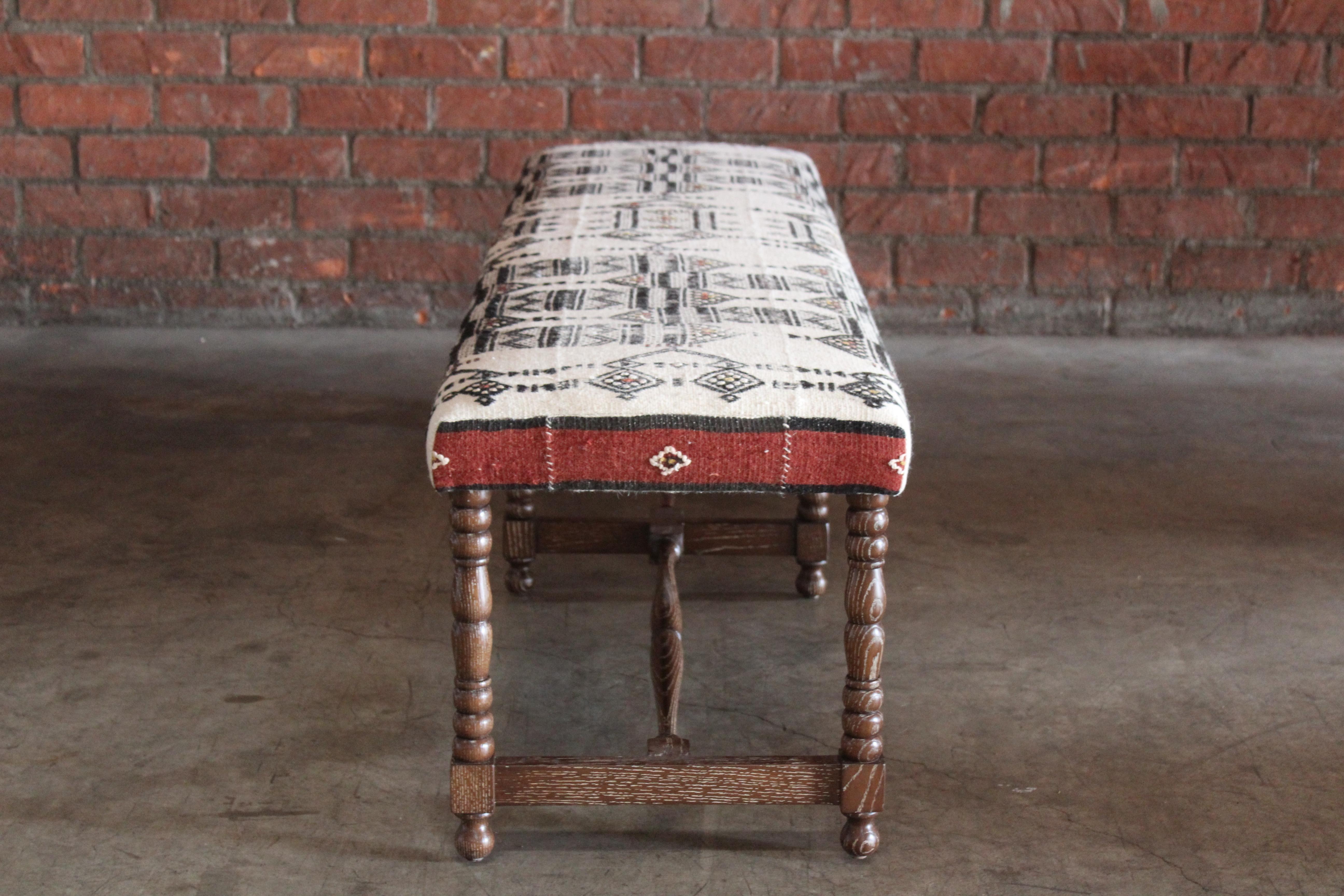 Oak Bench Upholstered in a Vintage Moroccan Wool Textile 4