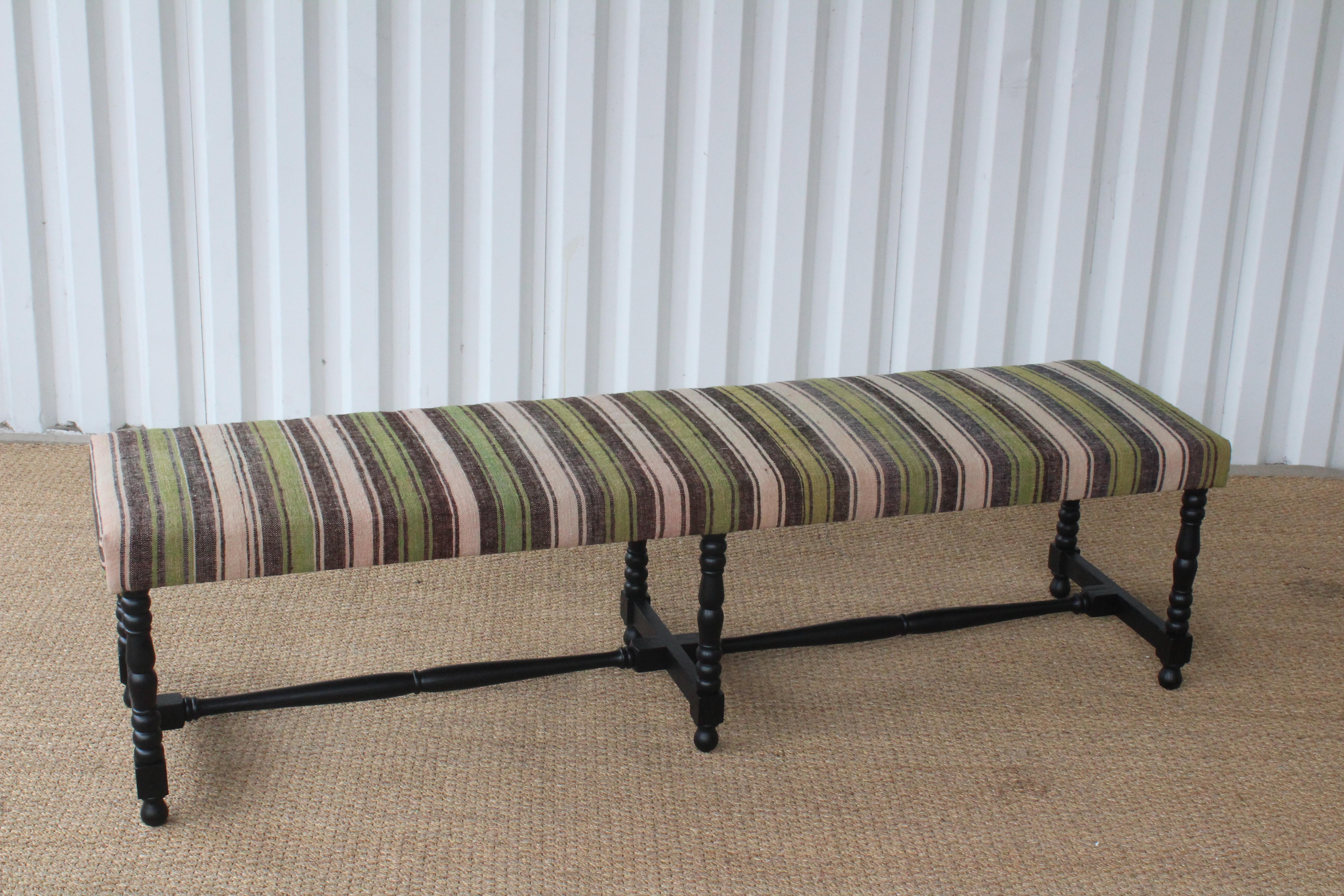 Oak Bench Upholstered in a Vintage Wool Striped Turkish Kilim 7