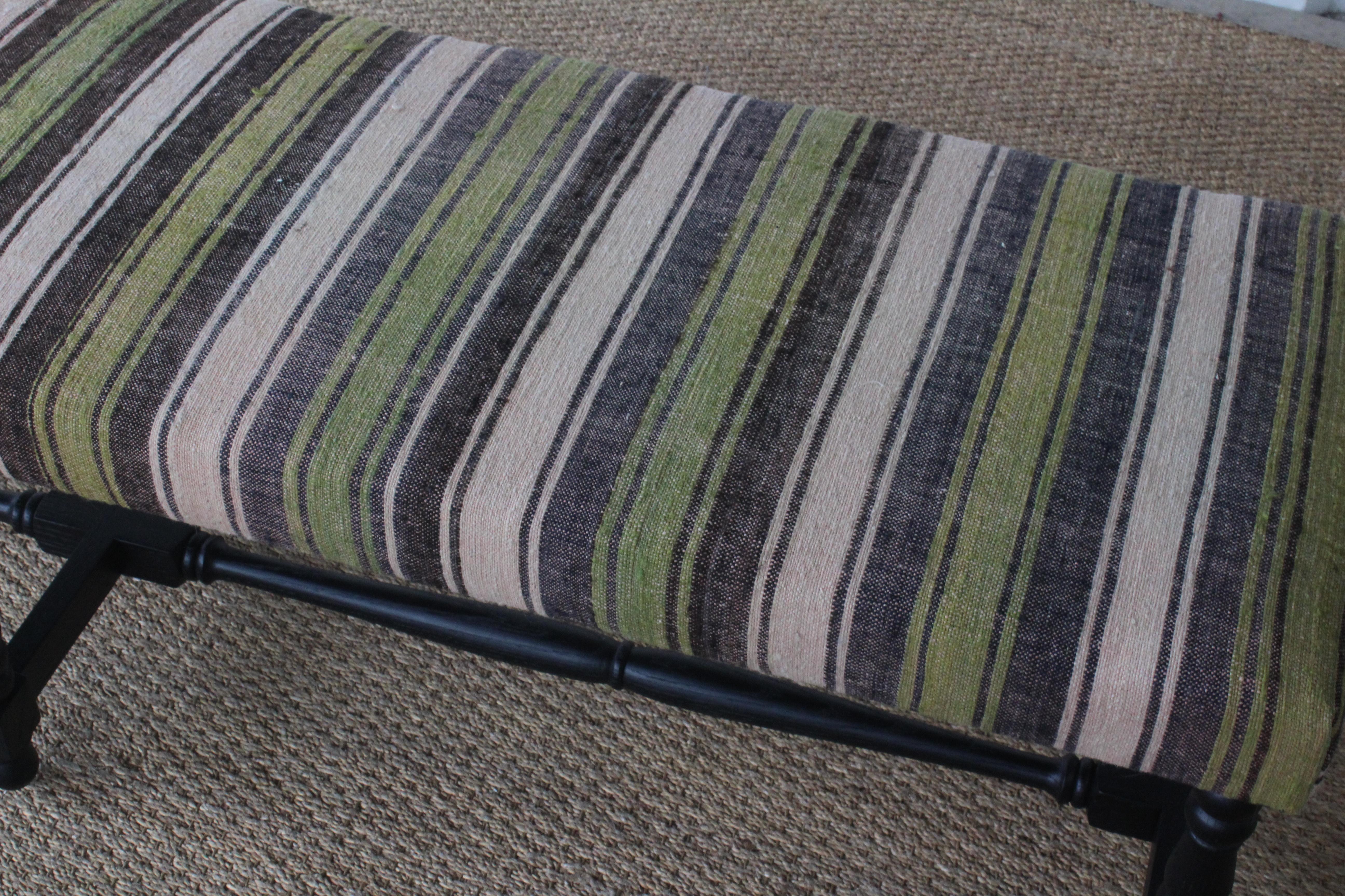 Oak Bench Upholstered in a Vintage Wool Striped Turkish Kilim 11