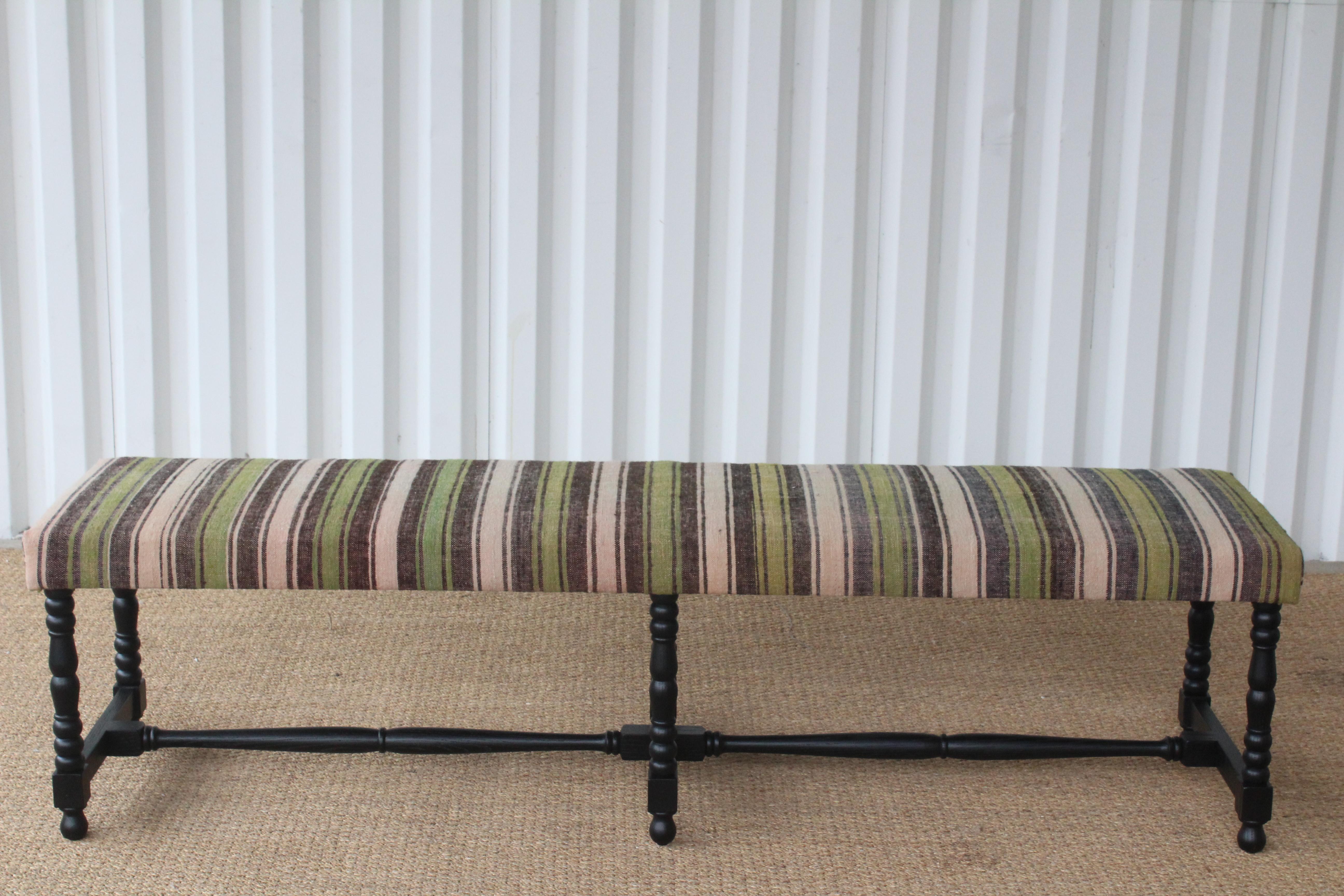 Oak Bench Upholstered in a Vintage Wool Striped Turkish Kilim 12