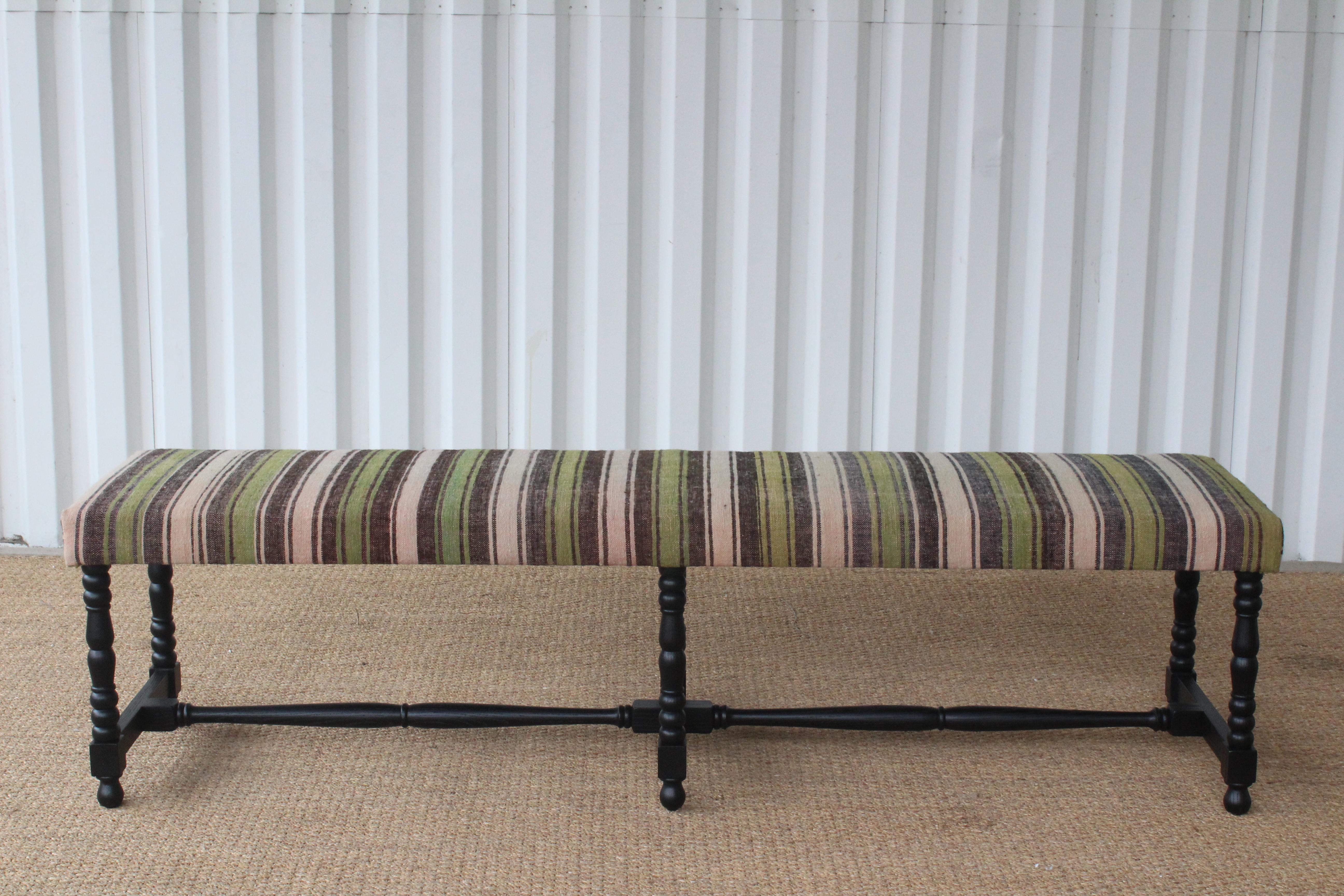 Oak Bench Upholstered in a Vintage Wool Striped Turkish Kilim 13
