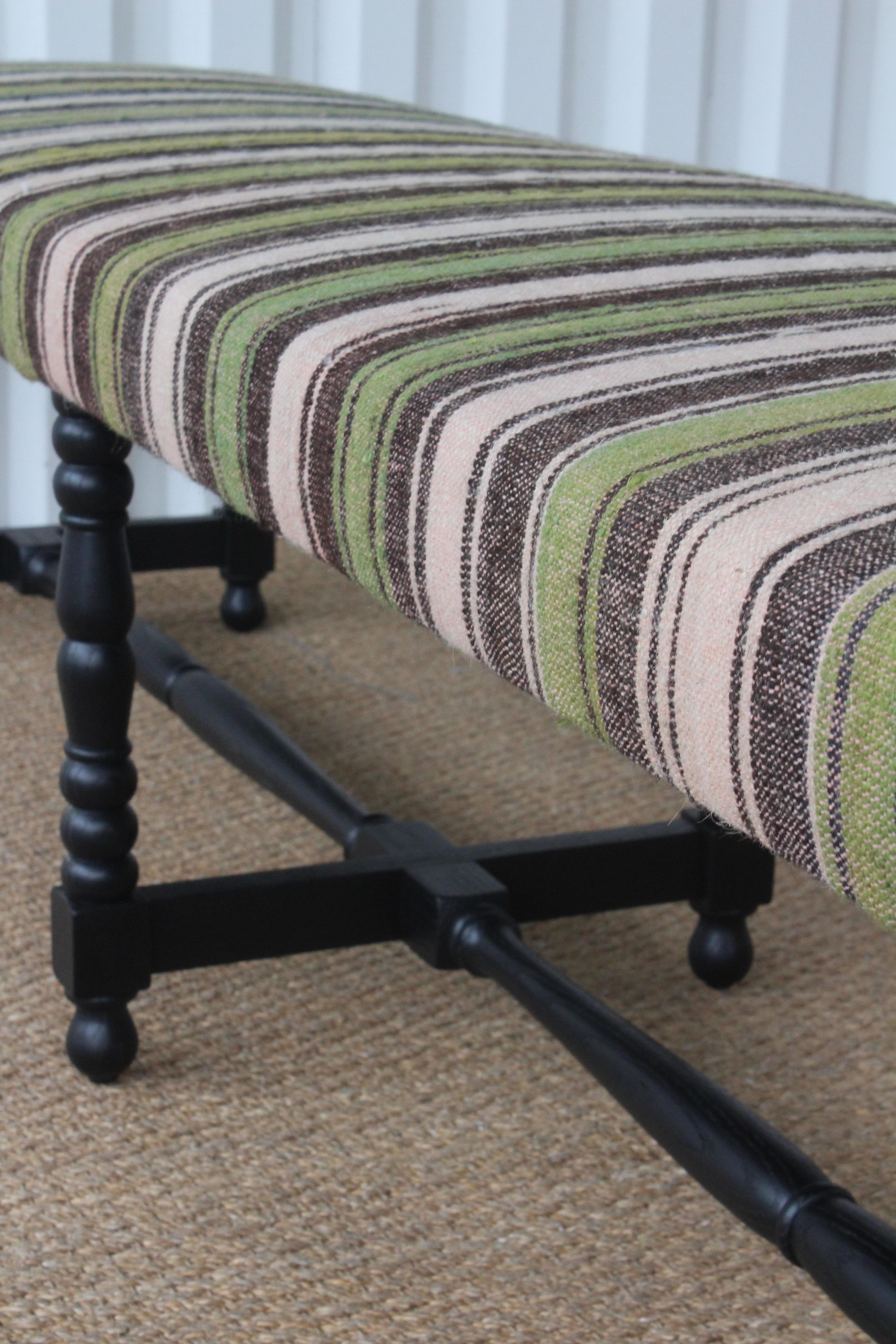Oak Bench Upholstered in a Vintage Wool Striped Turkish Kilim 15