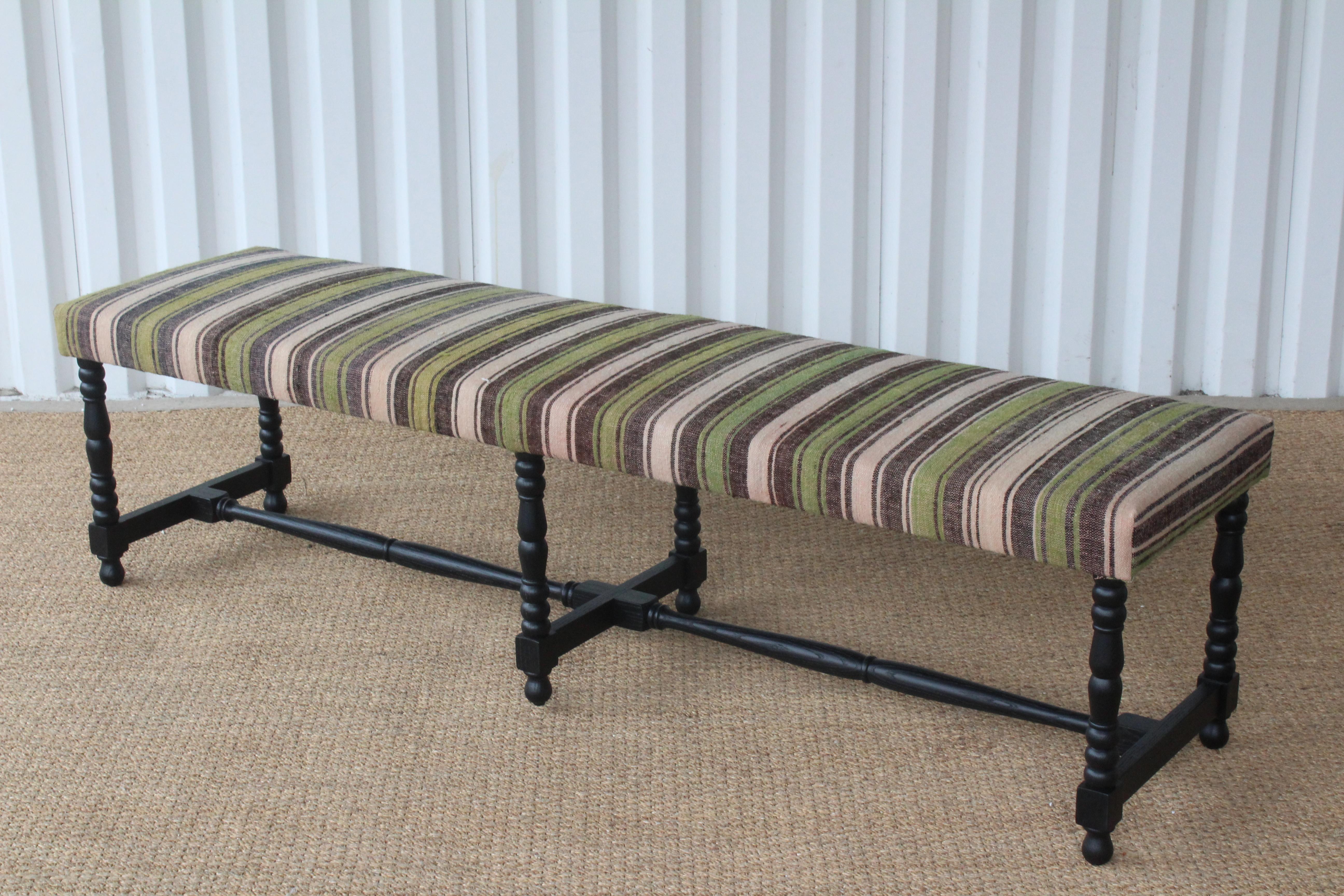 Oak Bench Upholstered in a Vintage Wool Striped Turkish Kilim In New Condition In Los Angeles, CA