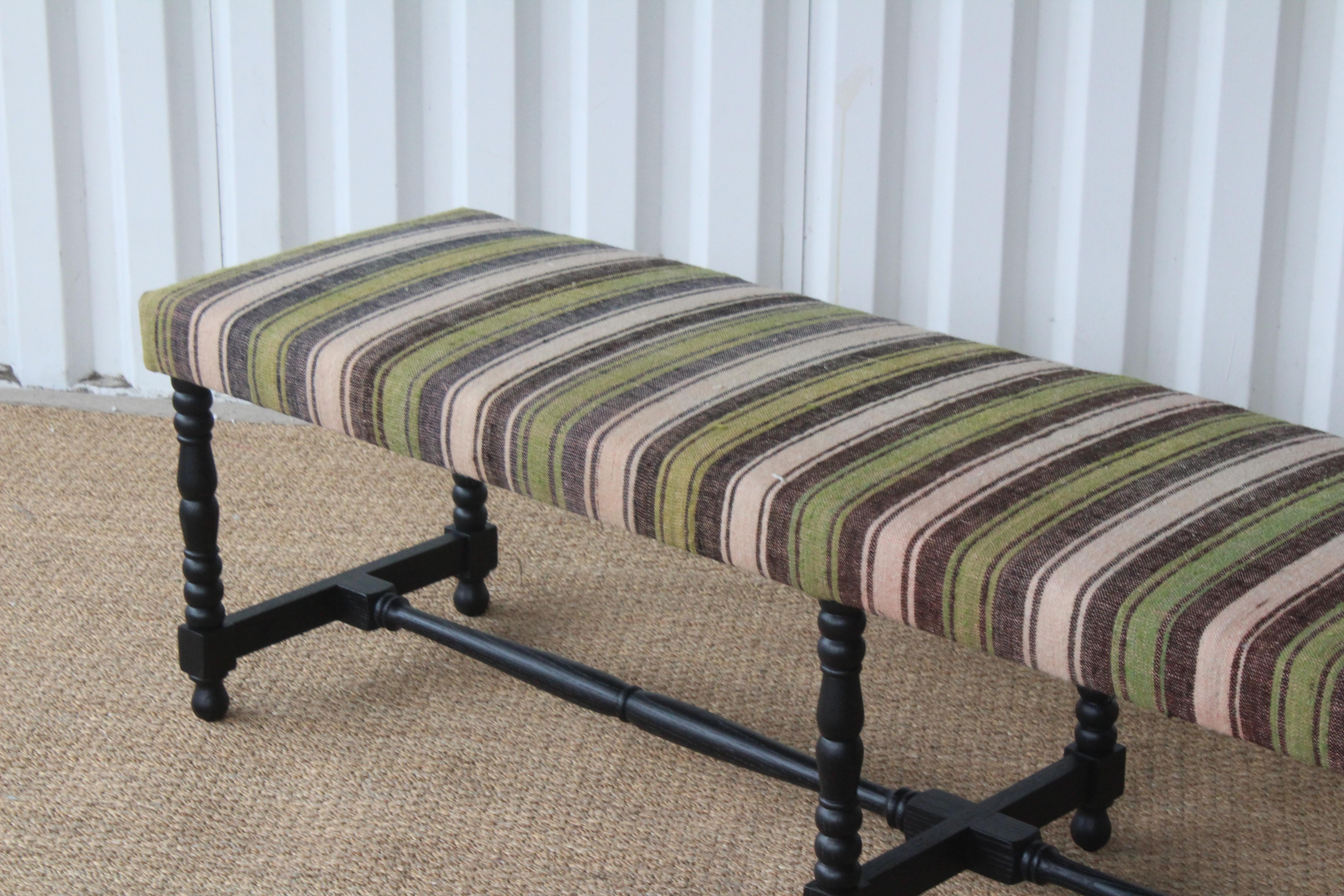 Contemporary Oak Bench Upholstered in a Vintage Wool Striped Turkish Kilim