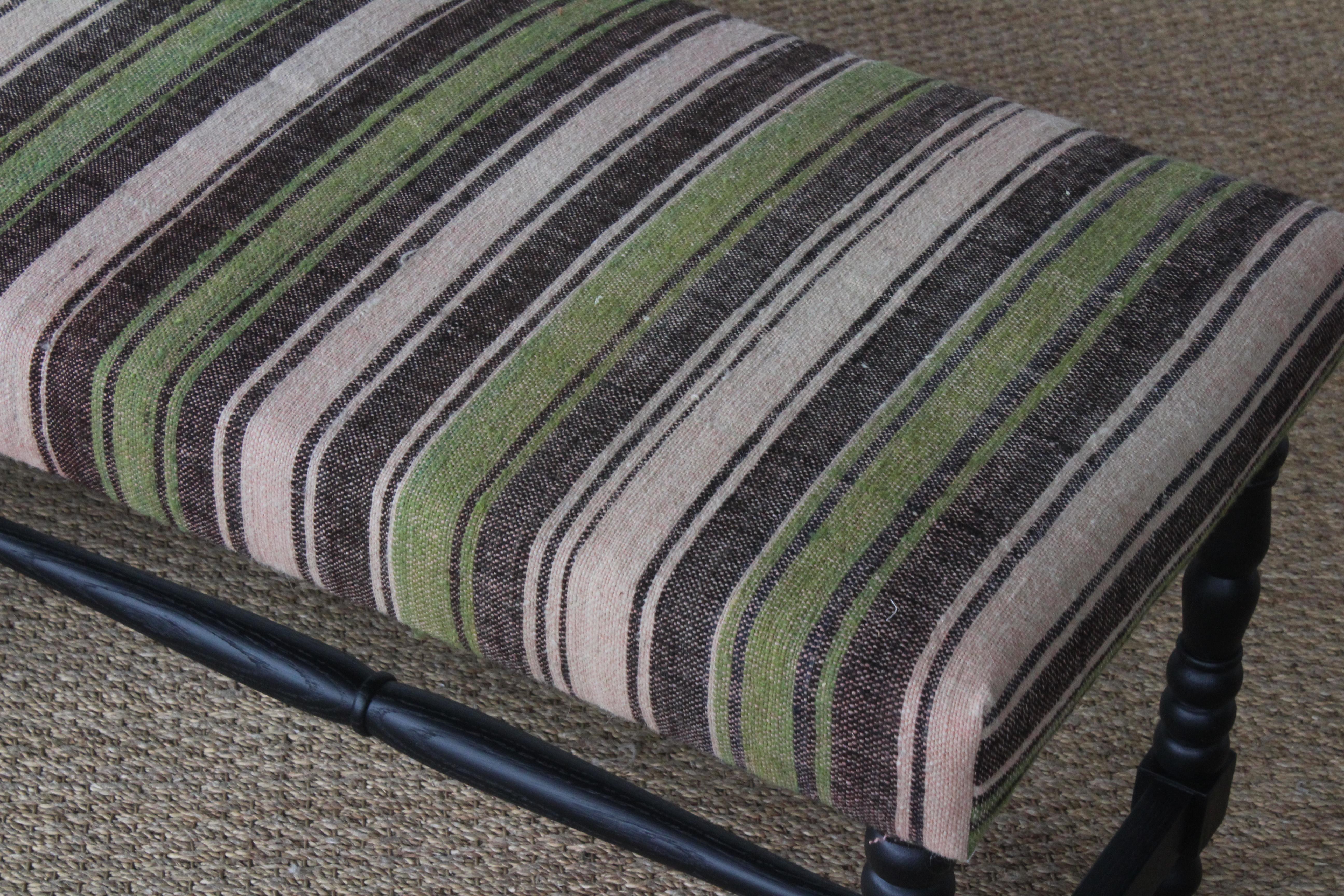 Oak Bench Upholstered in a Vintage Wool Striped Turkish Kilim 1