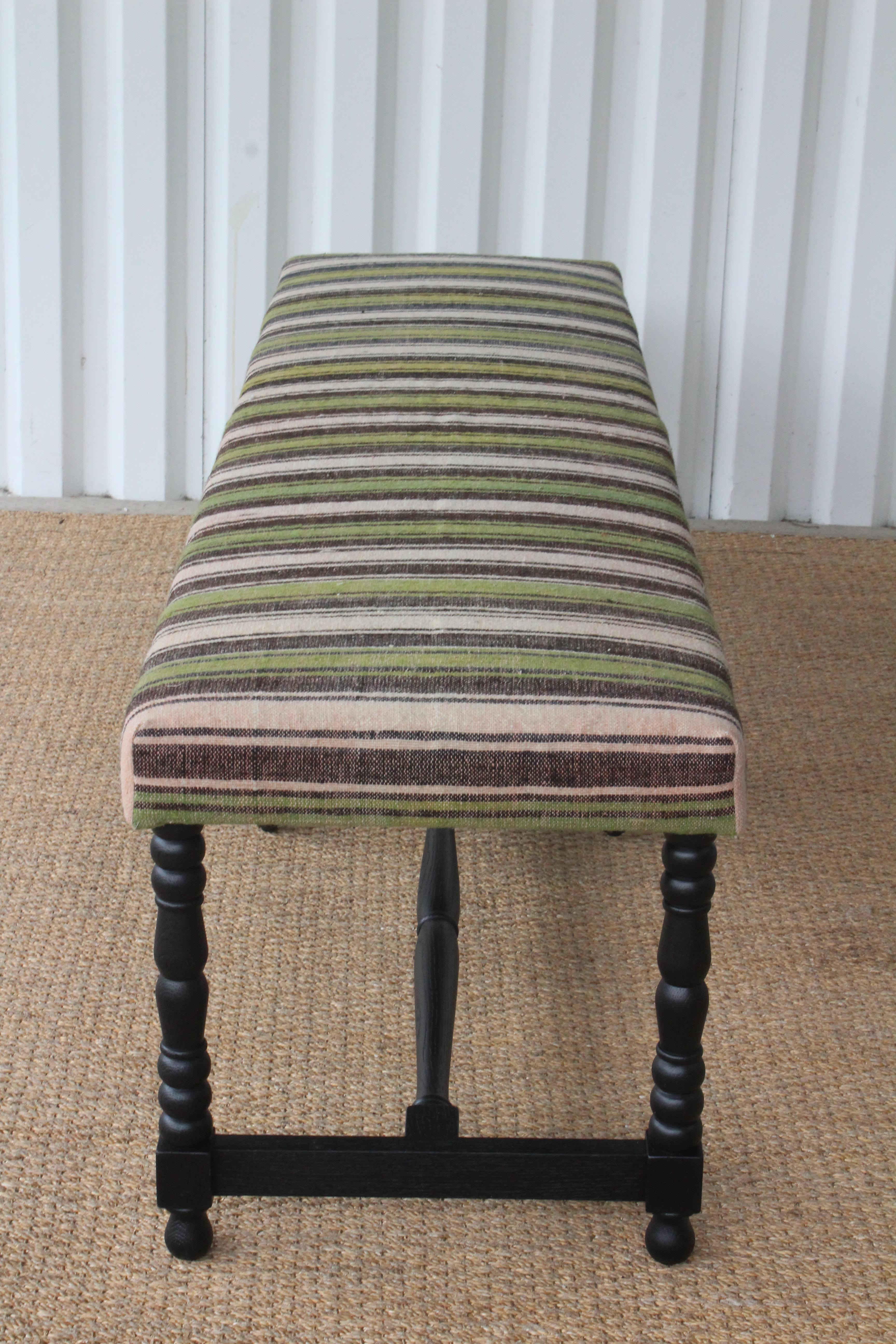 Oak Bench Upholstered in a Vintage Wool Striped Turkish Kilim 3