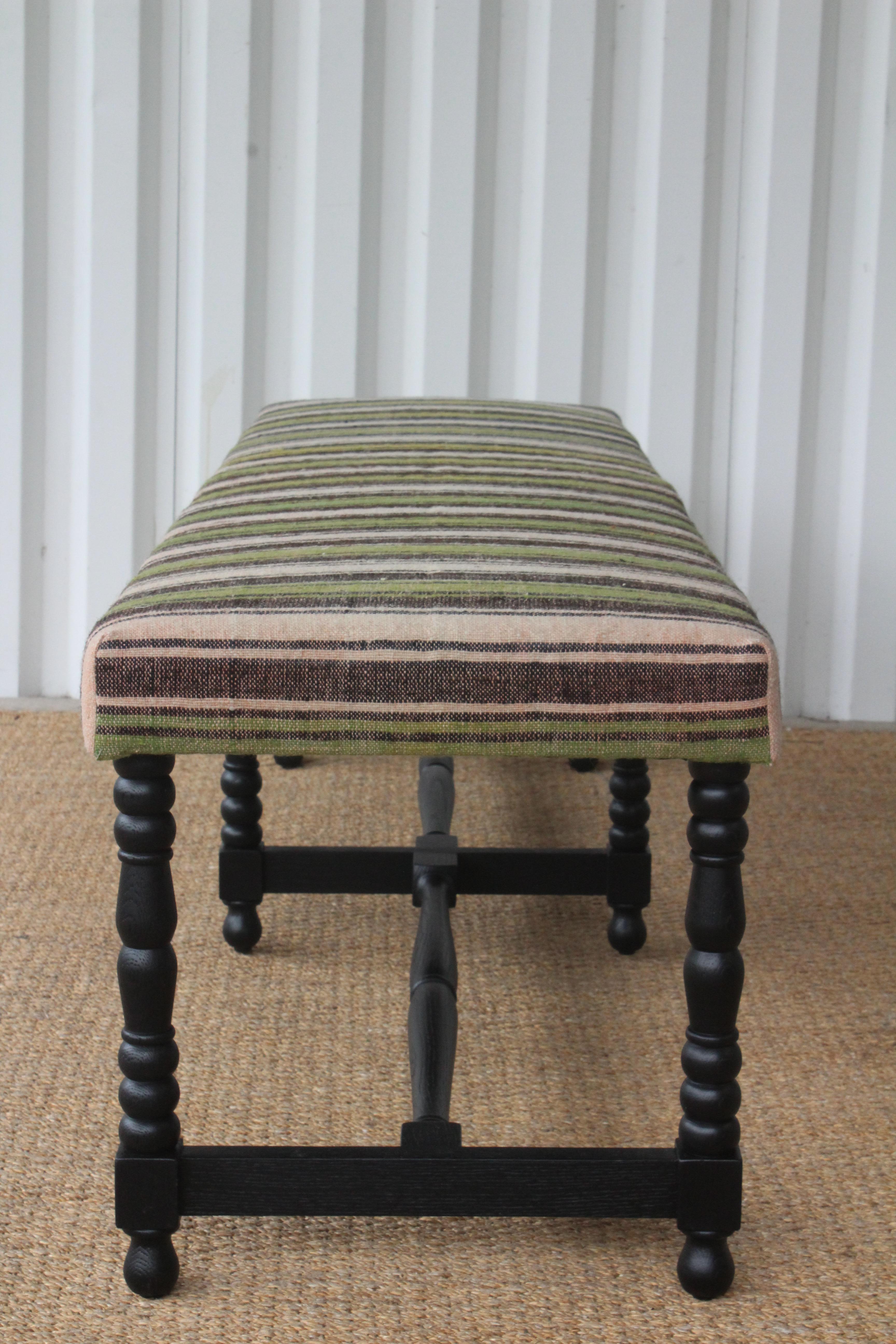 Oak Bench Upholstered in a Vintage Wool Striped Turkish Kilim 4