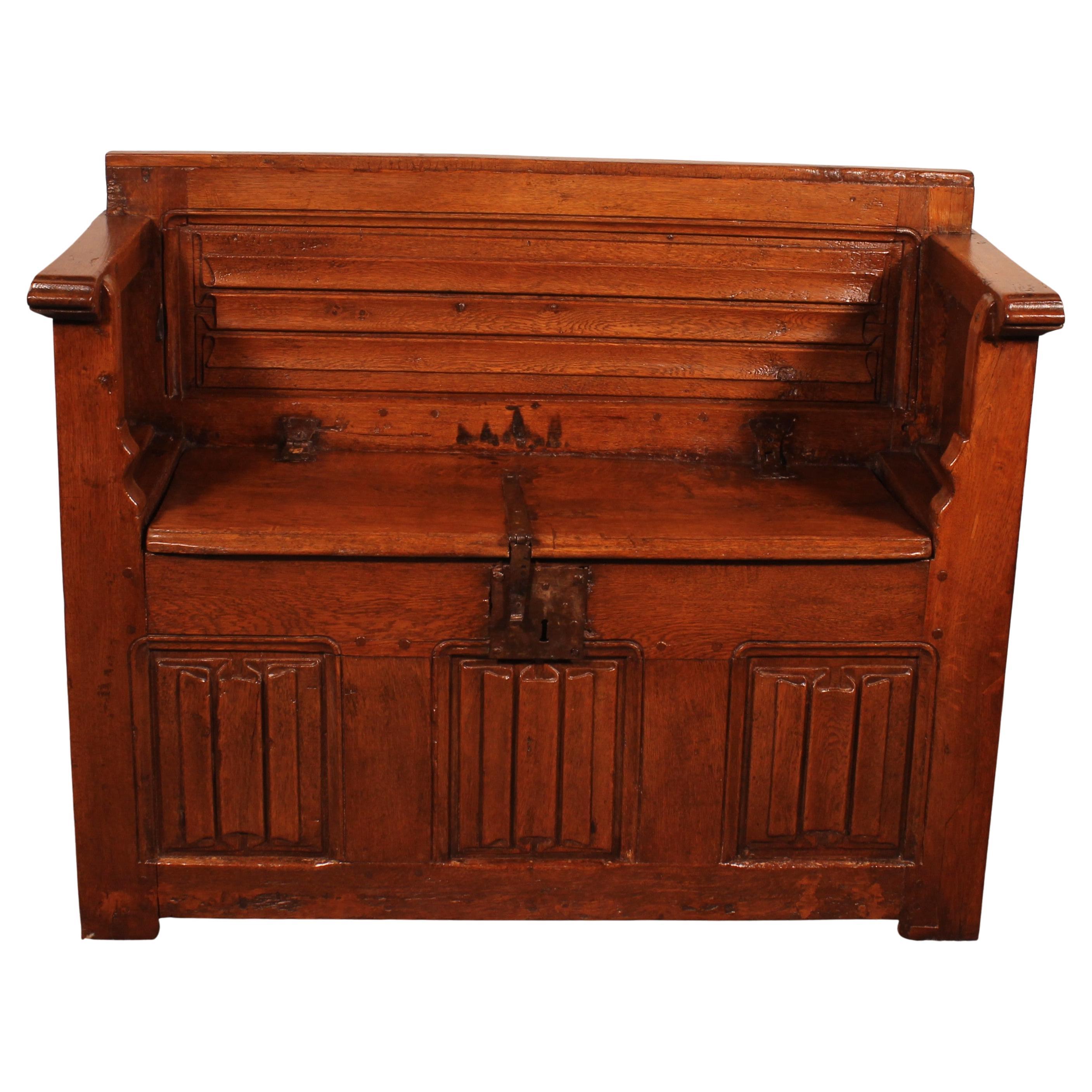 Oak Bench With Gothic Elements For Sale