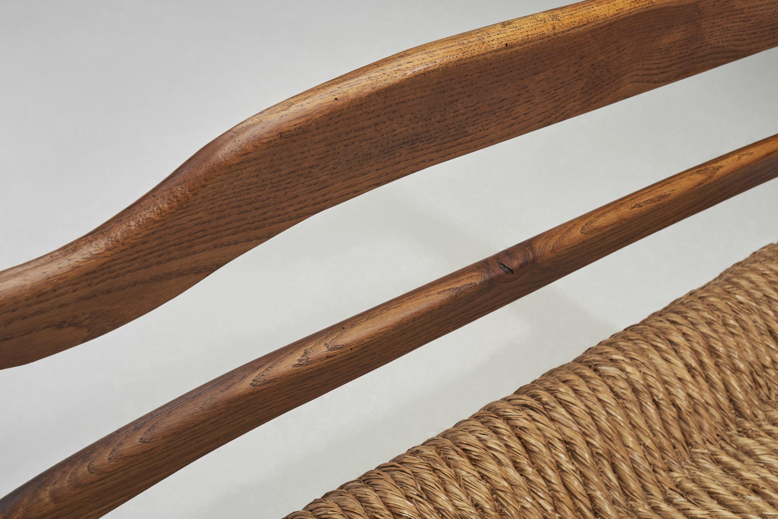 Oak Bench with Woven Rush Seat, France 1950s 4