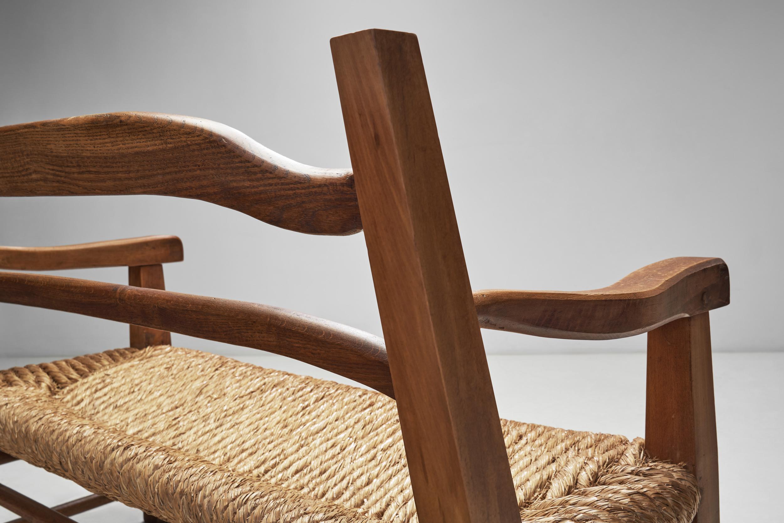 Oak Bench with Woven Rush Seat, France 1950s 8
