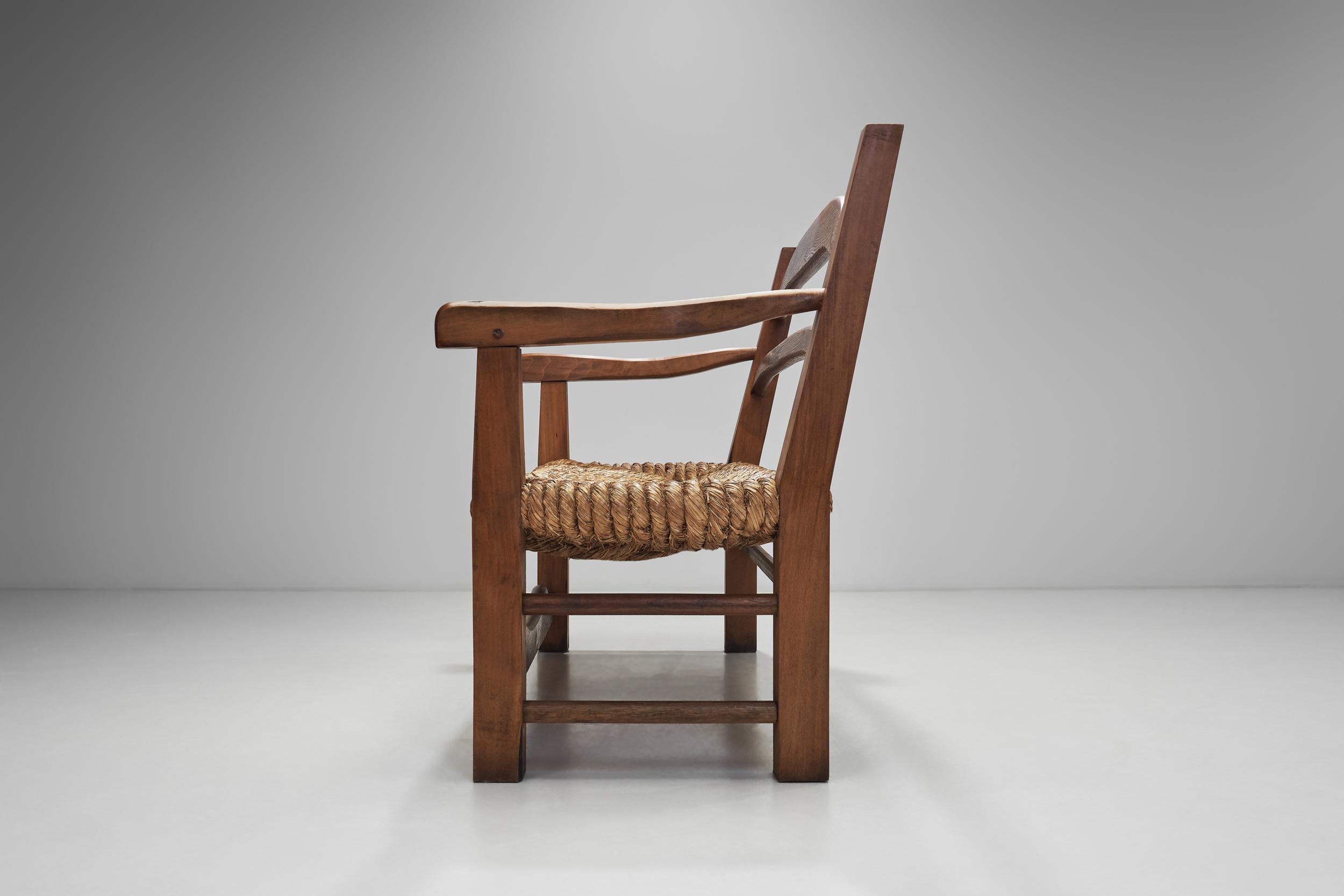 Oak Bench with Woven Rush Seat, France 1950s 9