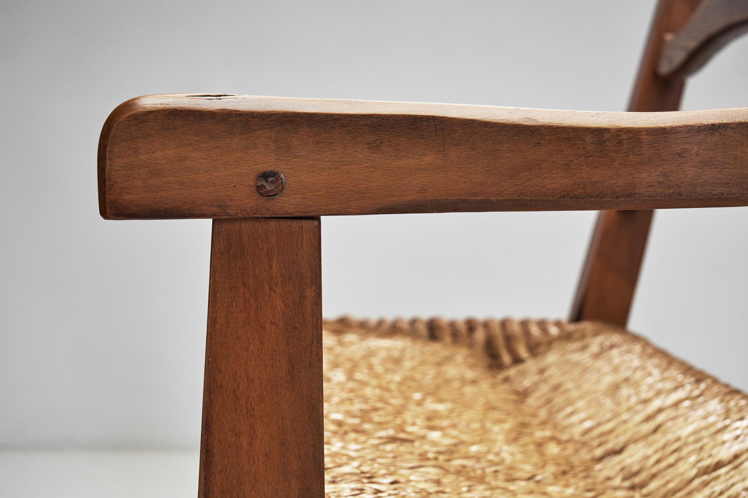 Oak Bench with Woven Rush Seat, France 1950s 10