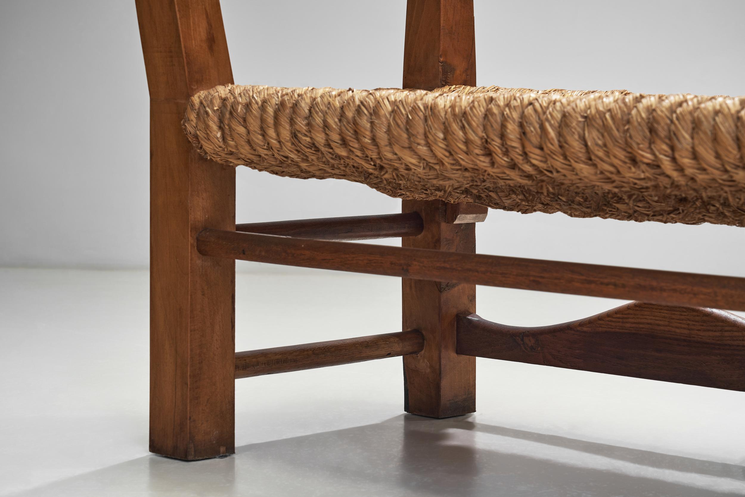 Oak Bench with Woven Rush Seat, France 1950s 11