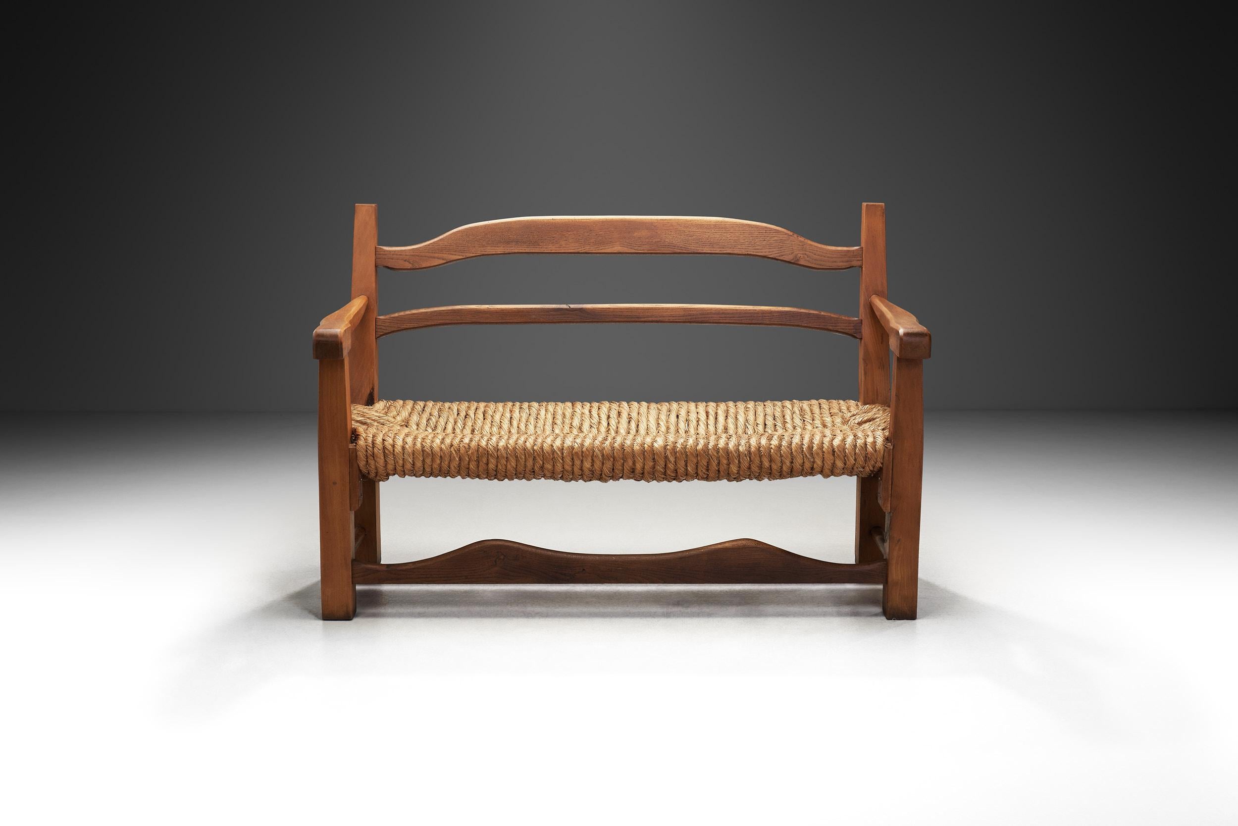Mid-Century Modern Oak Bench with Woven Rush Seat, France 1950s