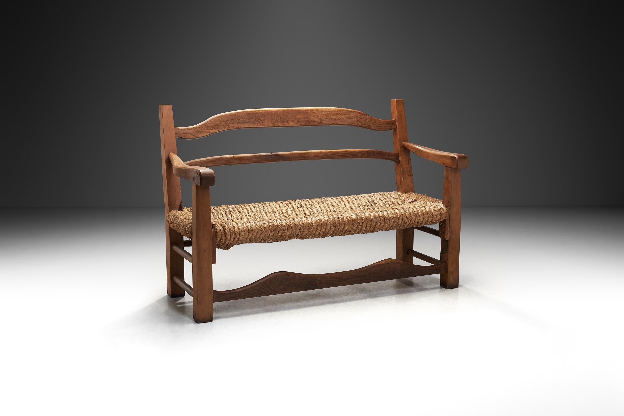 French Oak Bench with Woven Rush Seat, France 1950s