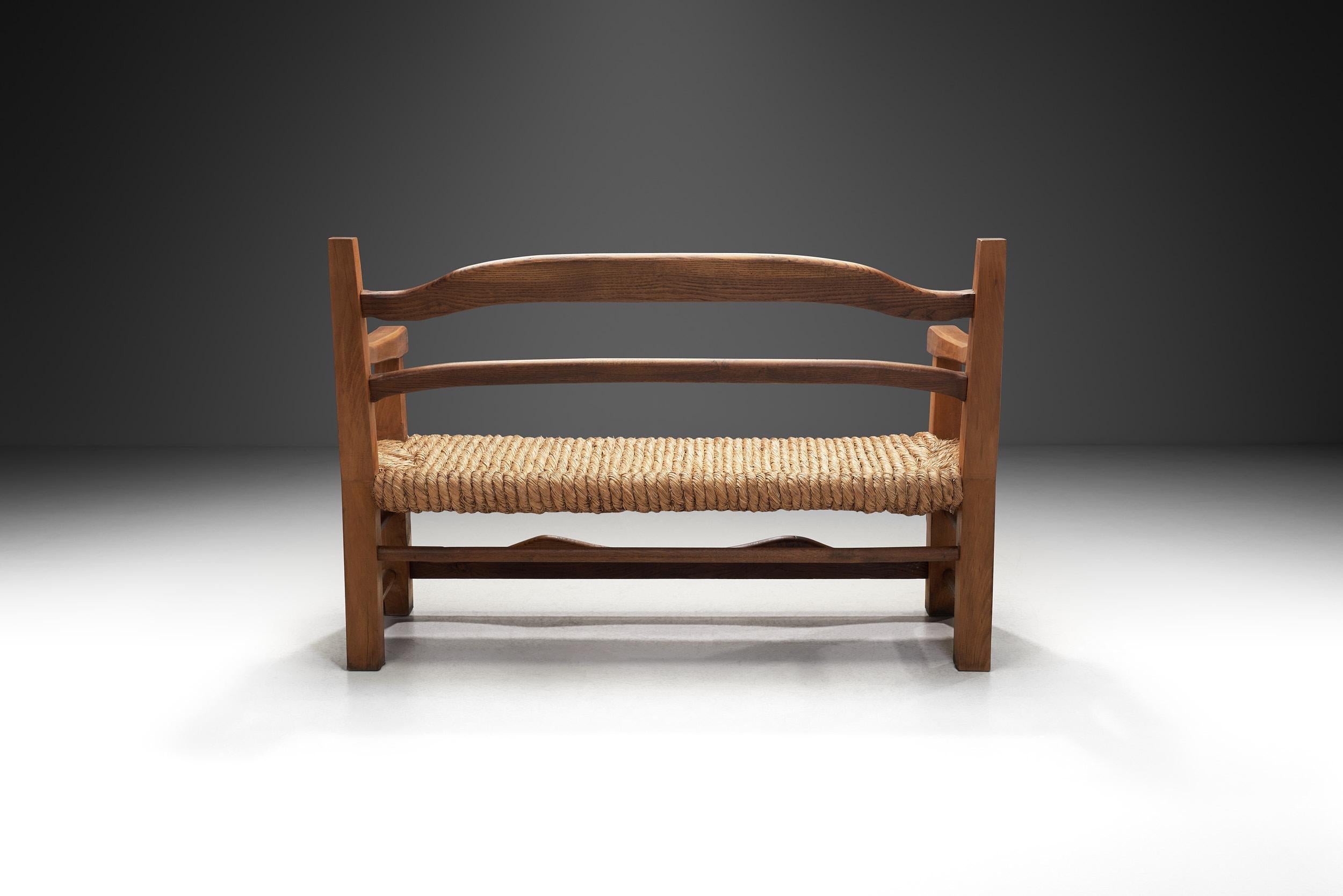 Oak Bench with Woven Rush Seat, France 1950s In Good Condition In Utrecht, NL