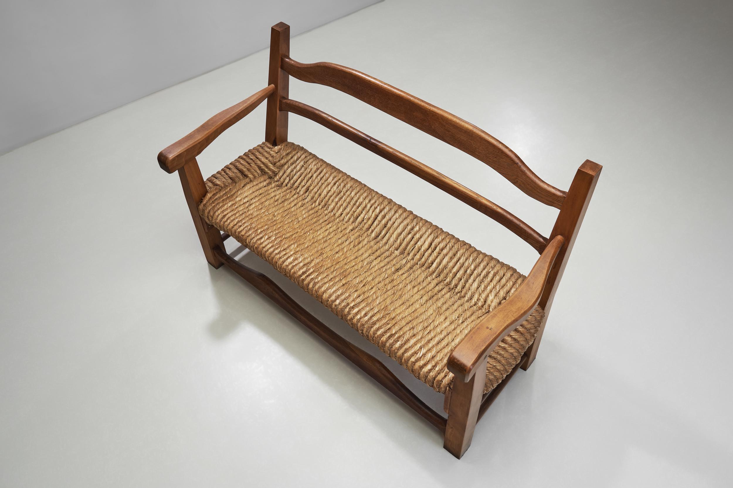 Mid-20th Century Oak Bench with Woven Rush Seat, France 1950s