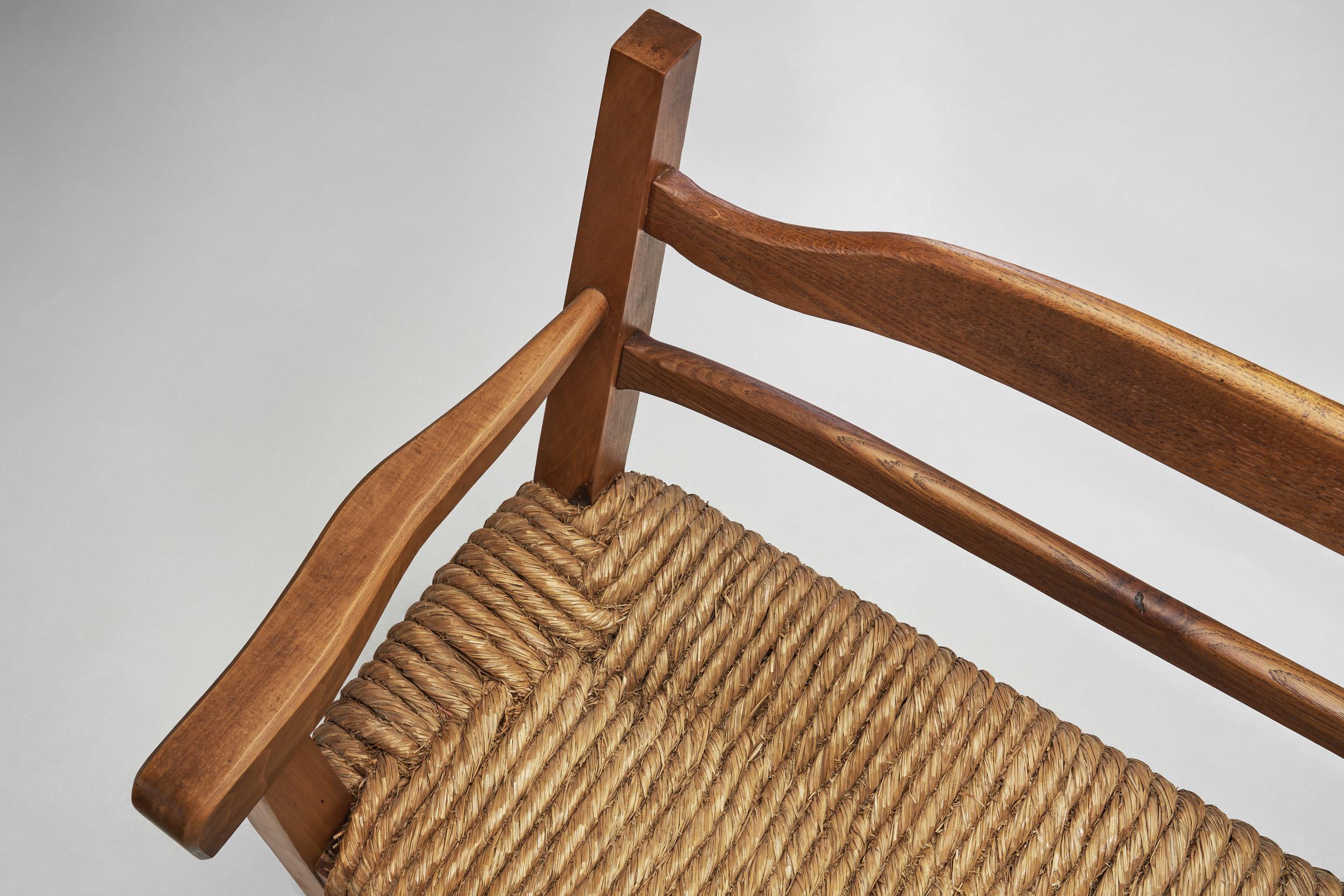 Oak Bench with Woven Rush Seat, France 1950s 1