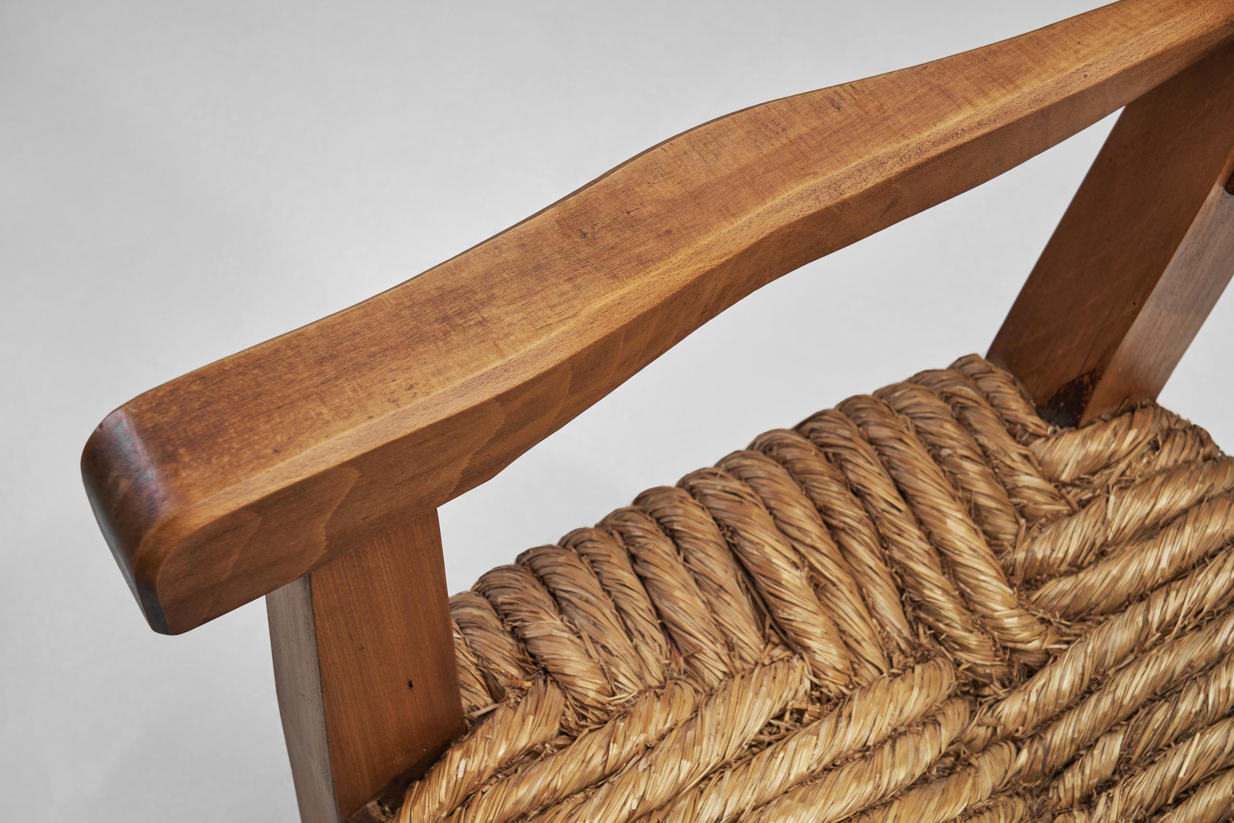 Oak Bench with Woven Rush Seat, France 1950s 2