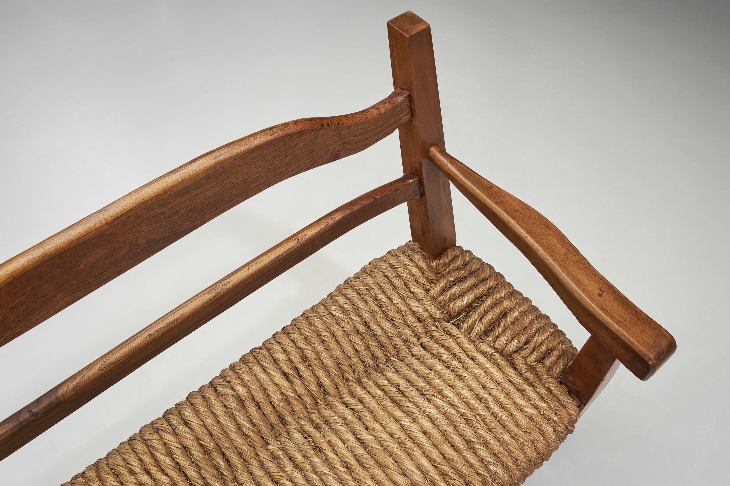 Oak Bench with Woven Rush Seat, France 1950s 3