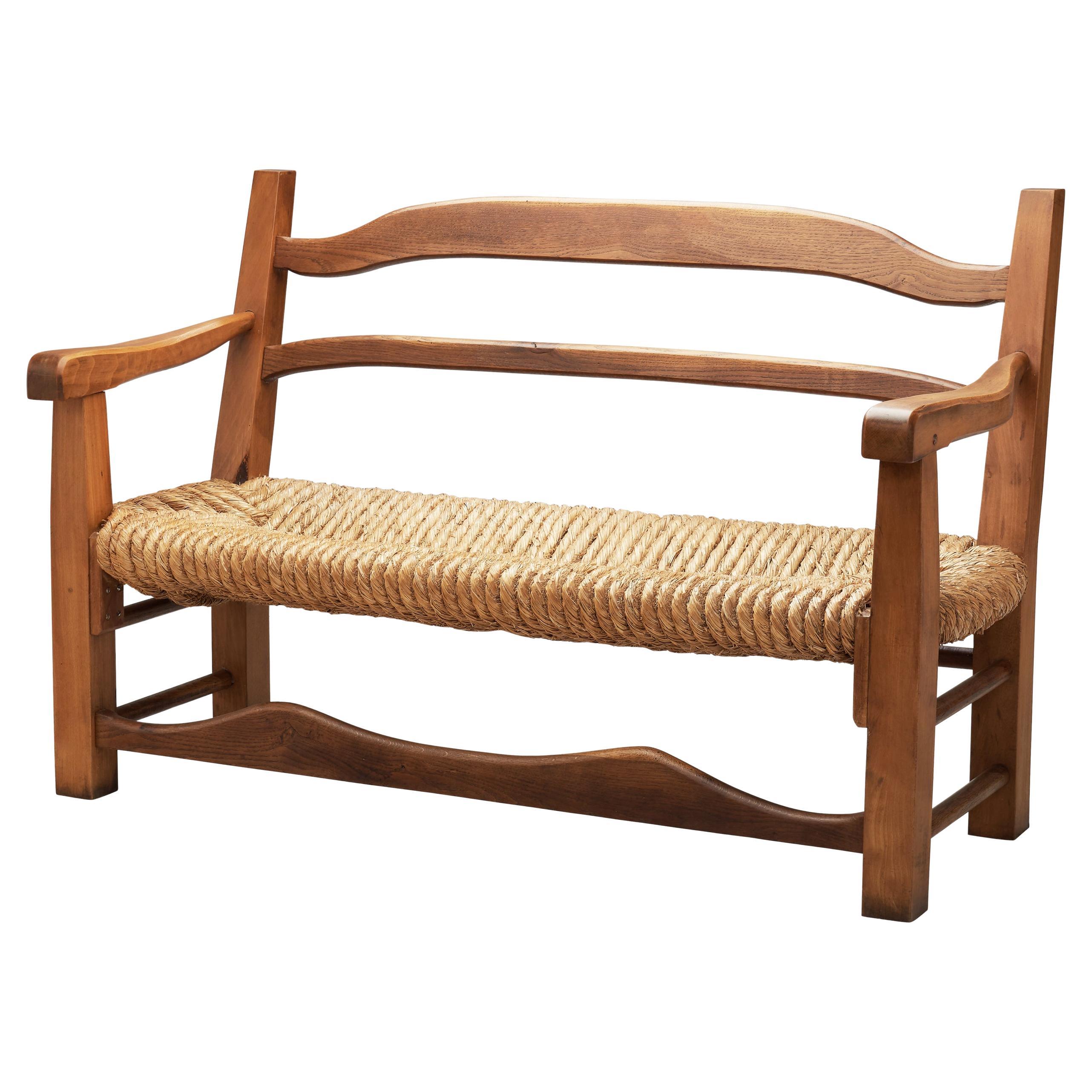 Oak Bench with Woven Rush Seat, France 1950s