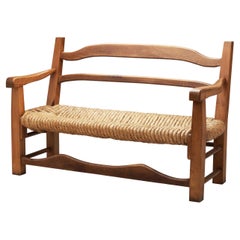 Oak Bench with Woven Rush Seat, France 1950s