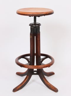 Oak Bentwood Adjustable Swivel Draftsman Stool with Foot Ring, circa 1920