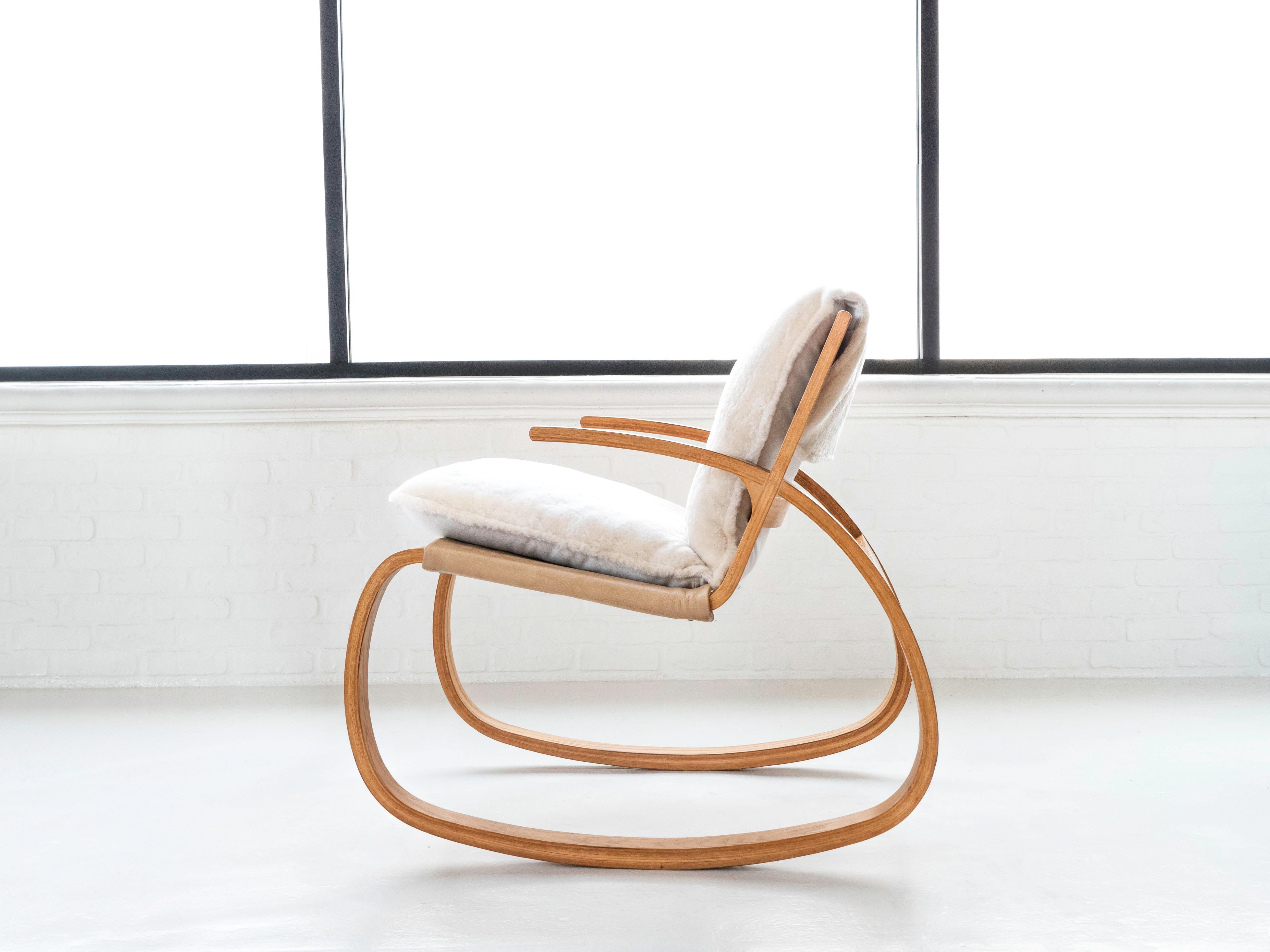 Mid-Century Modern Oak Bentwood Sling Rocking Chair in Shearling by Plycraft, Circa 1970's For Sale