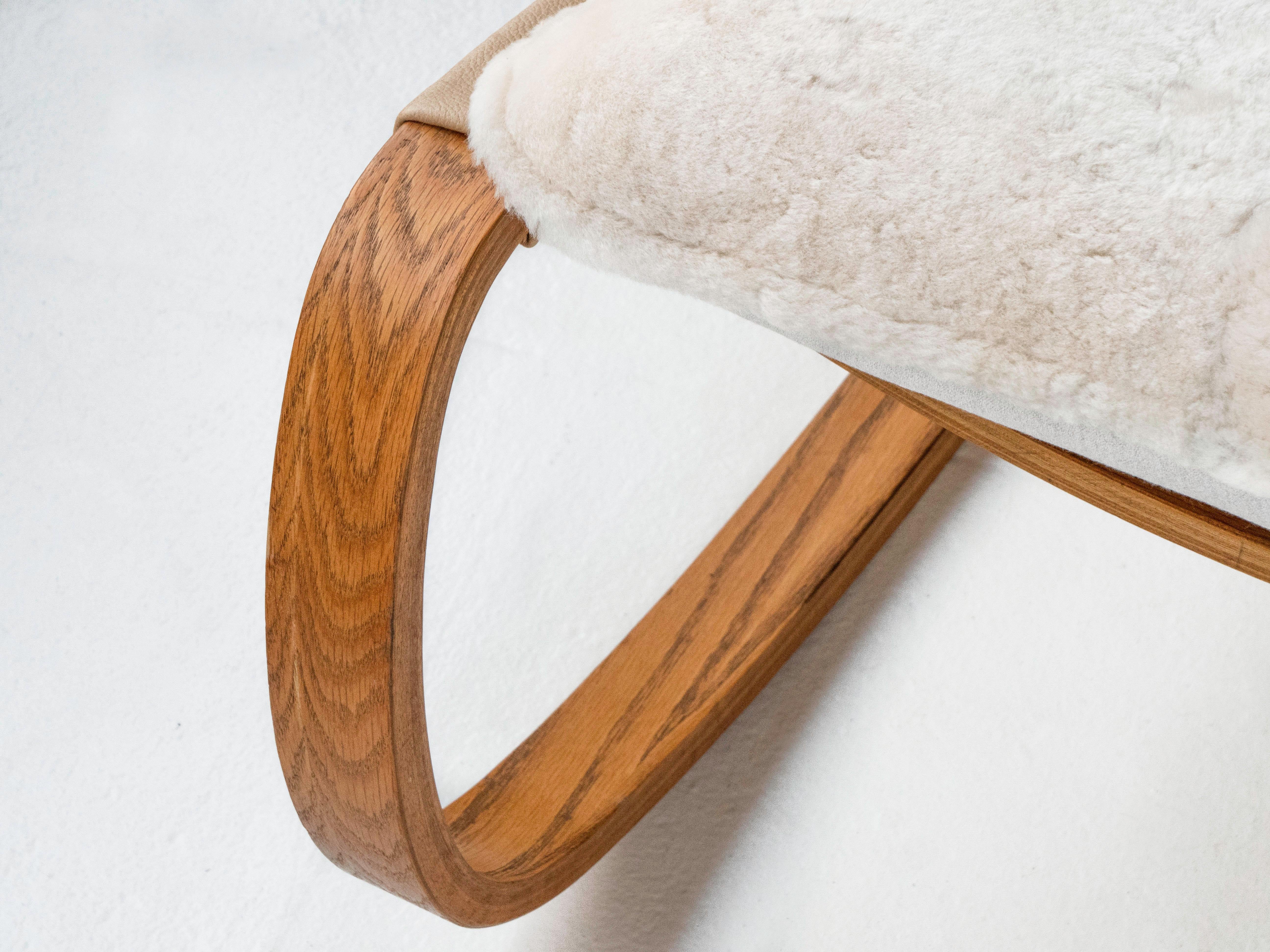 Sheepskin Oak Bentwood Sling Rocking Chair in Shearling by Plycraft, Circa 1970's For Sale