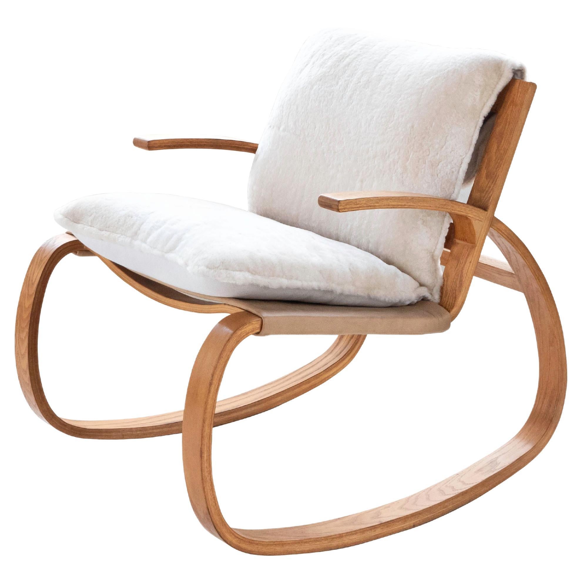 Oak Bentwood Sling Rocking Chair in Shearling by Plycraft, Circa 1970's For Sale