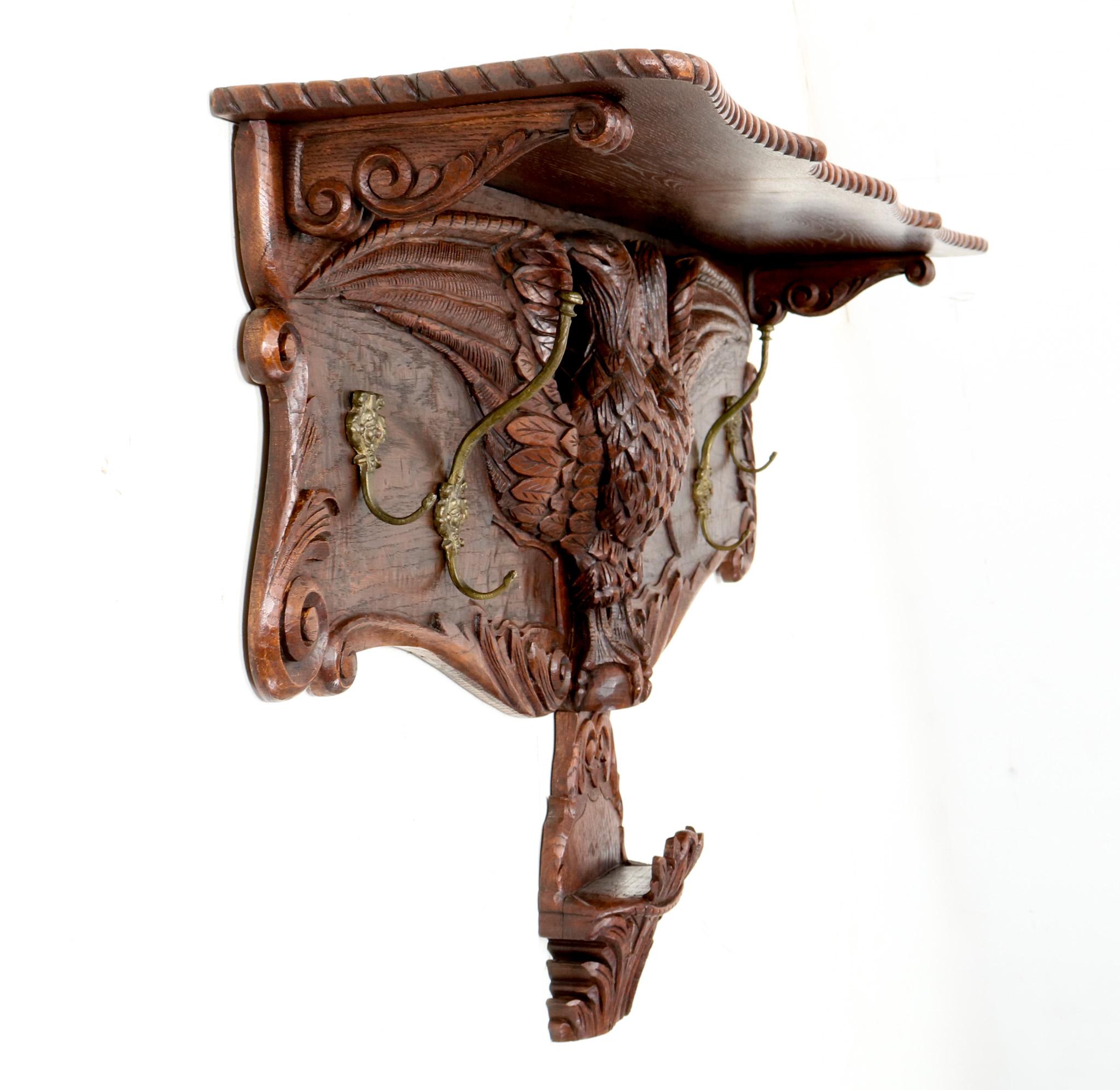 Oak Black Forest Wall Coat Rack with Hand Carved Double-Headed Eagle, 1900s For Sale 4