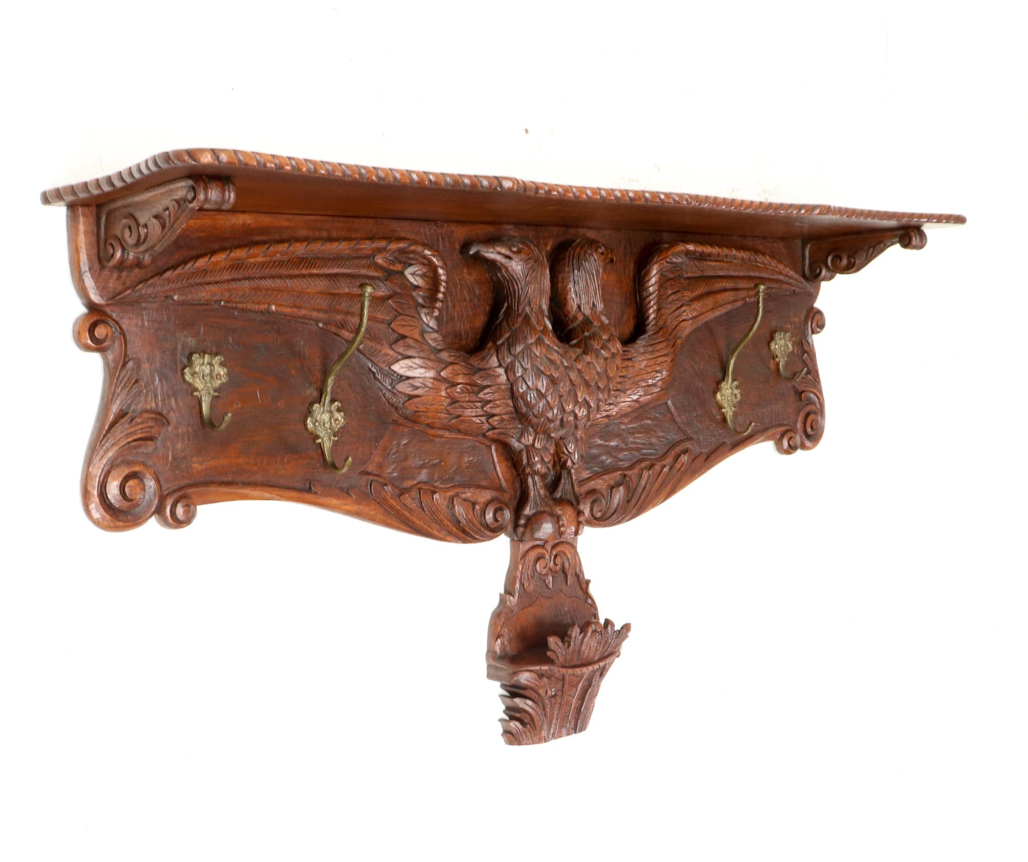 Serbian Oak Black Forest Wall Coat Rack with Hand Carved Double-Headed Eagle, 1900s For Sale