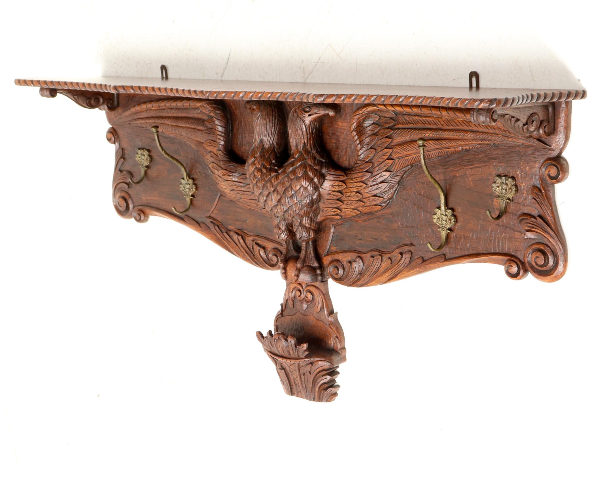Oak Black Forest Wall Coat Rack with Hand Carved Double-Headed Eagle, 1900s In Good Condition For Sale In Amsterdam, NL