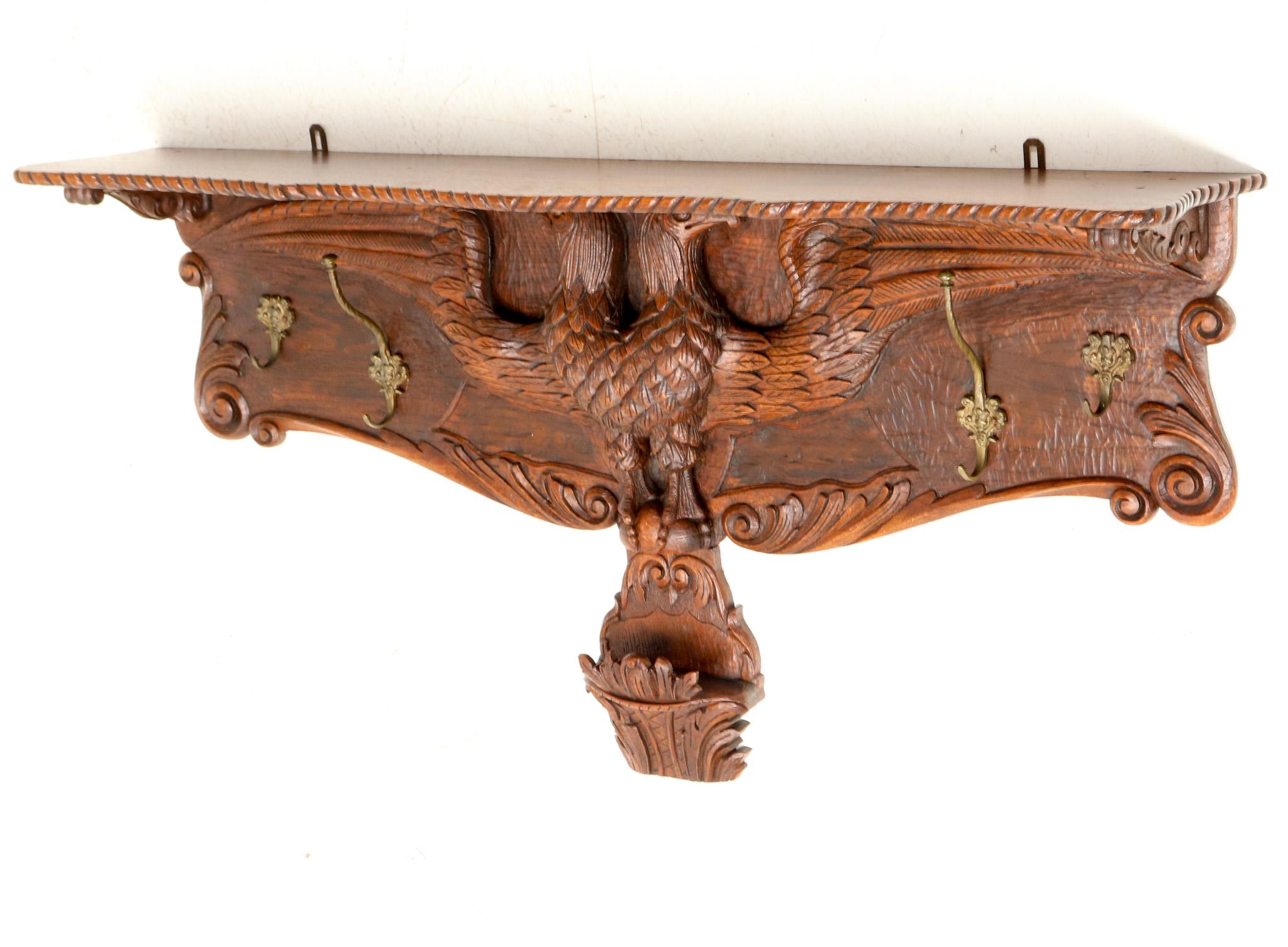 Early 20th Century Oak Black Forest Wall Coat Rack with Hand Carved Double-Headed Eagle, 1900s For Sale