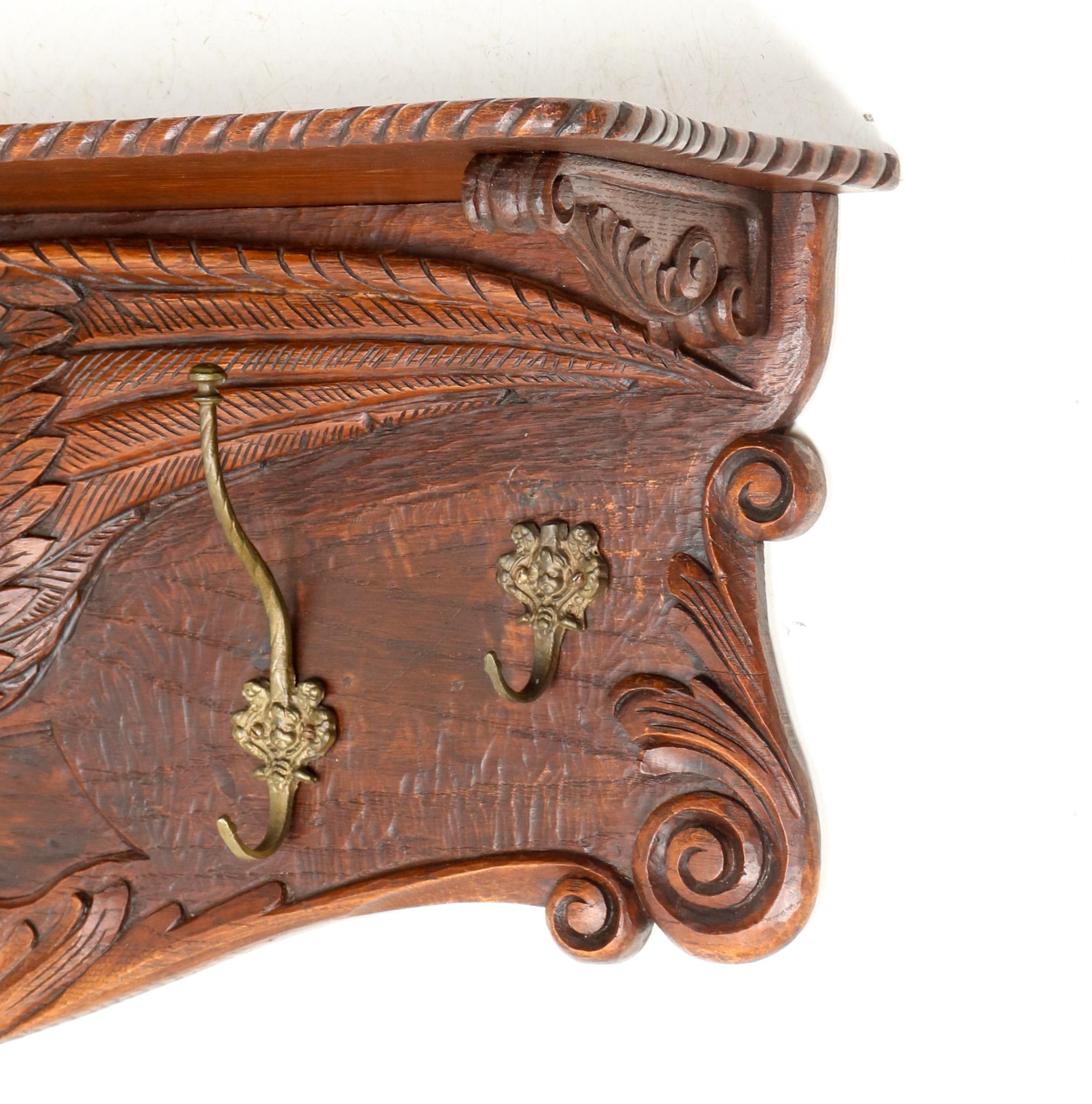 Brass Oak Black Forest Wall Coat Rack with Hand Carved Double-Headed Eagle, 1900s For Sale