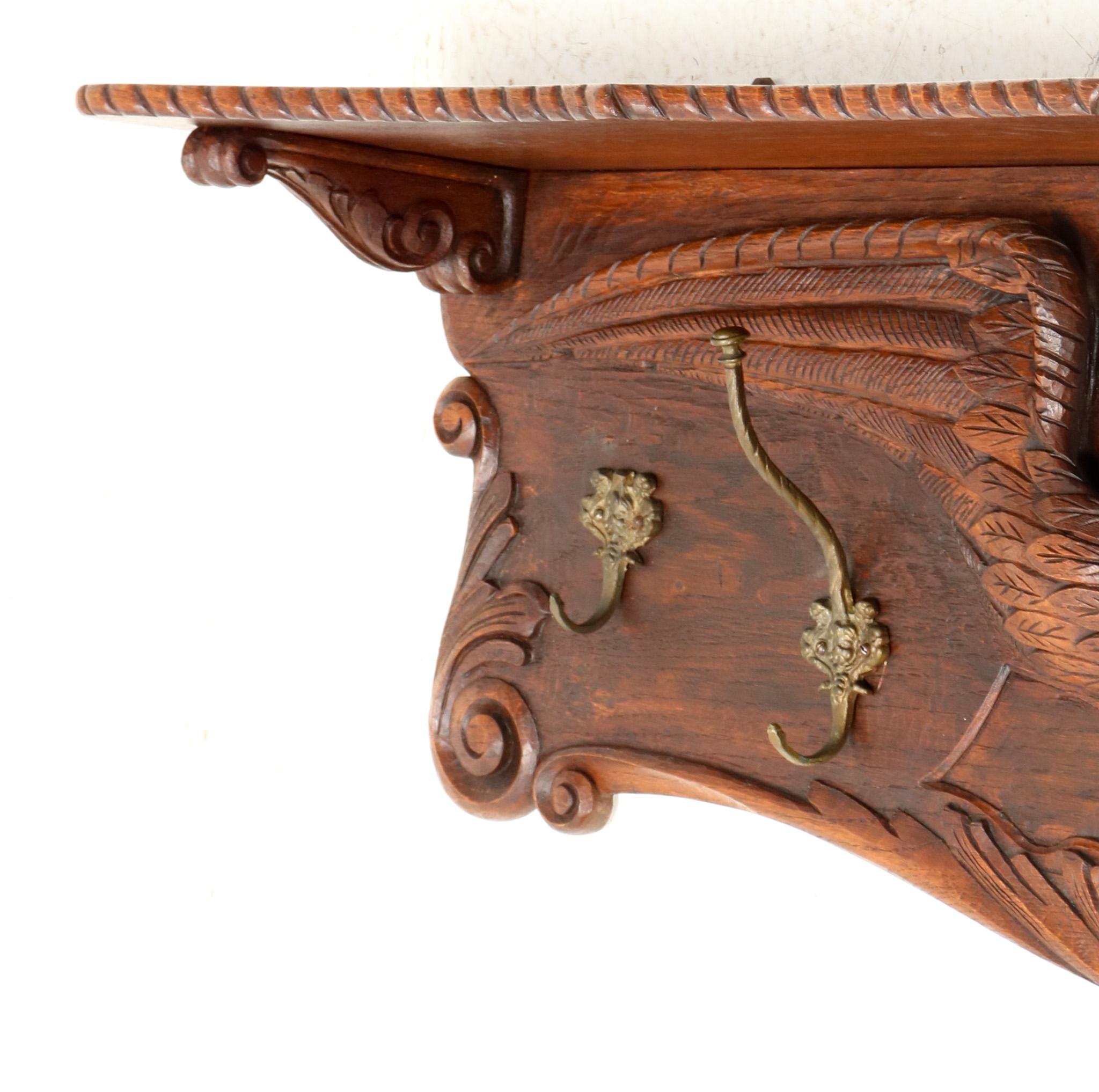 Oak Black Forest Wall Coat Rack with Hand Carved Double-Headed Eagle, 1900s For Sale 1