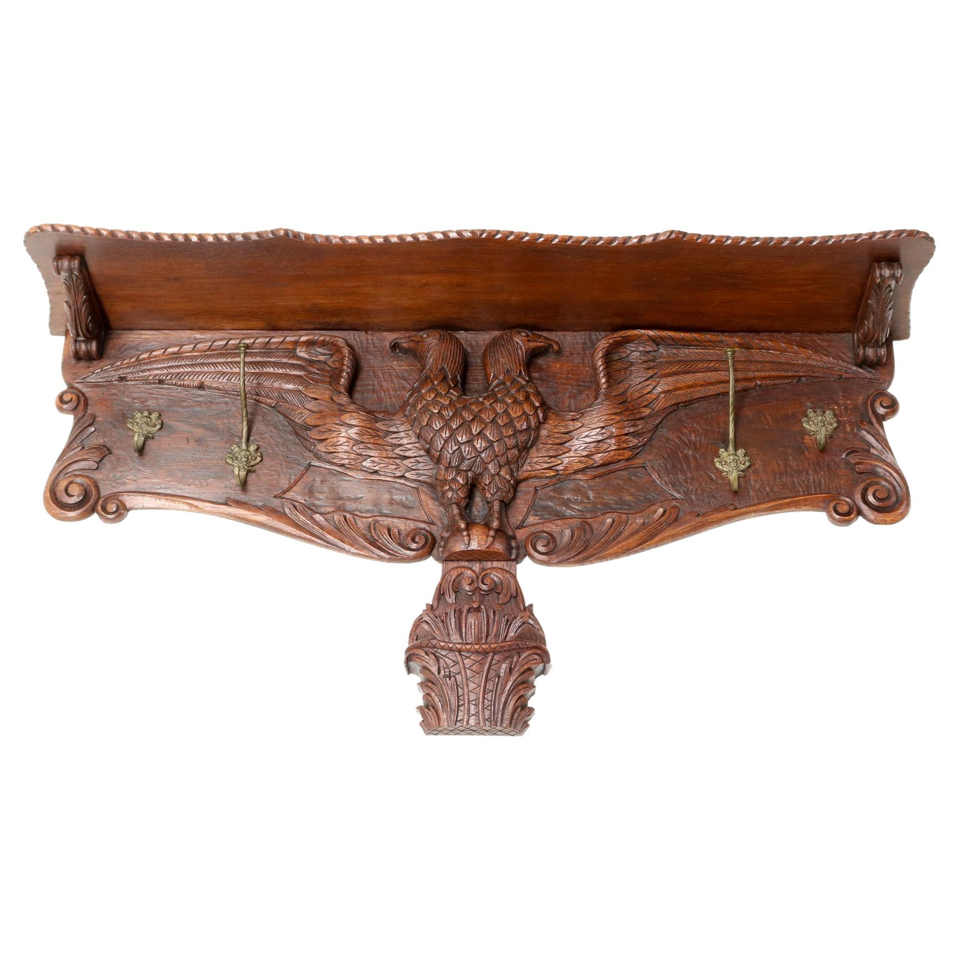 Oak Black Forest Wall Coat Rack with Hand Carved Double-Headed Eagle, 1900s