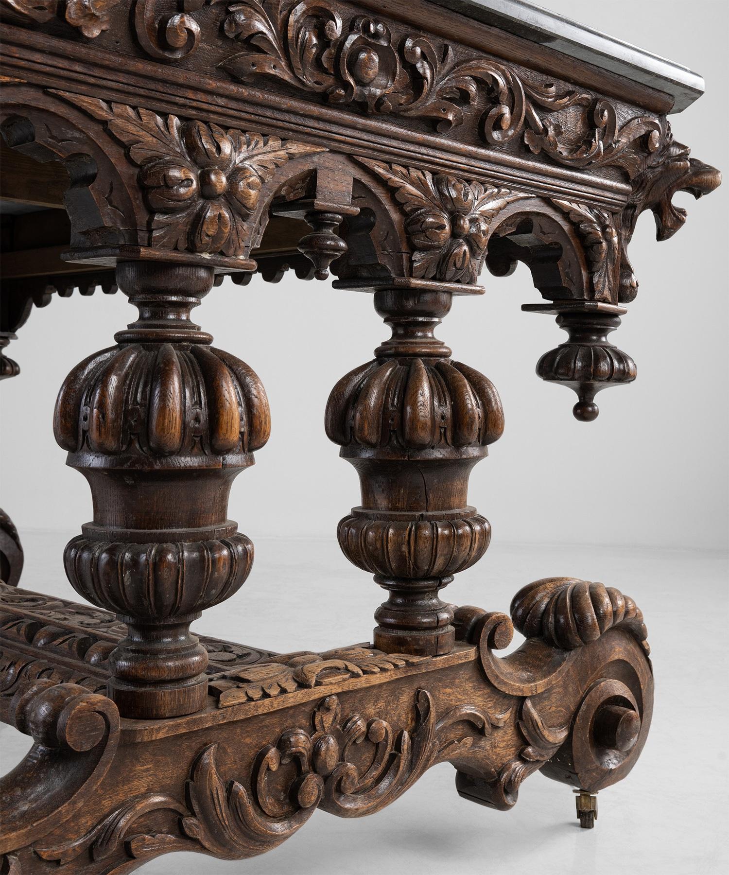 20th Century Oak & Blue Stone Table, France, circa 1900