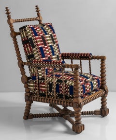 Oak Bobbin Armchair in Chain Stitch Embroidery, England, circa 1890