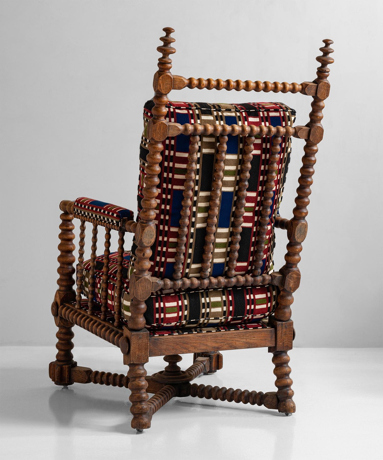 English Oak Bobbin Armchair in Chain Stitch Embroidery, England, circa 1890