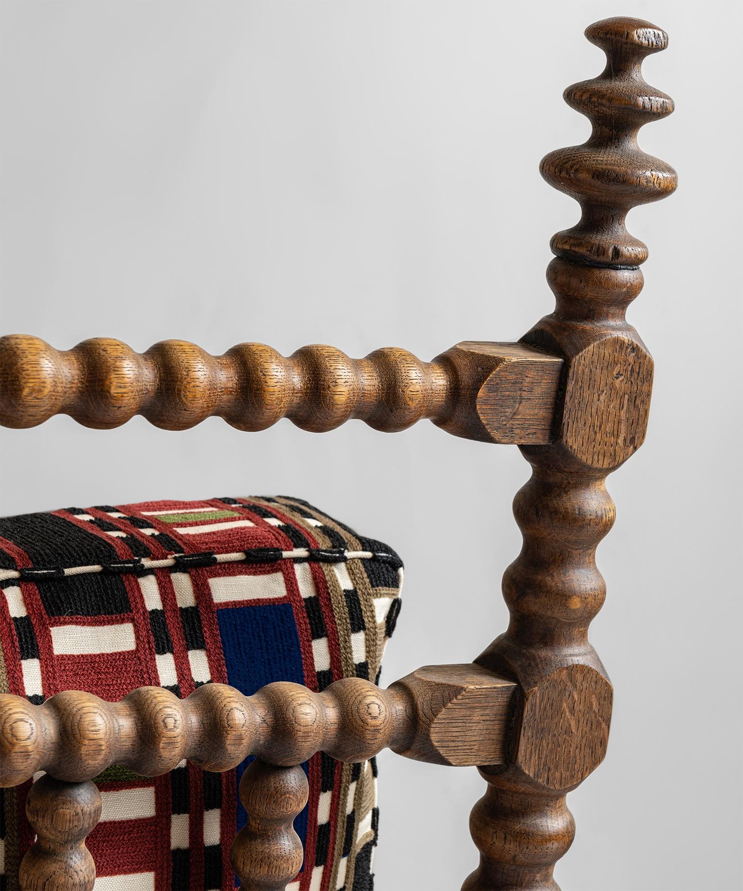 Wool Oak Bobbin Armchair in Chain Stitch Embroidery, England, circa 1890