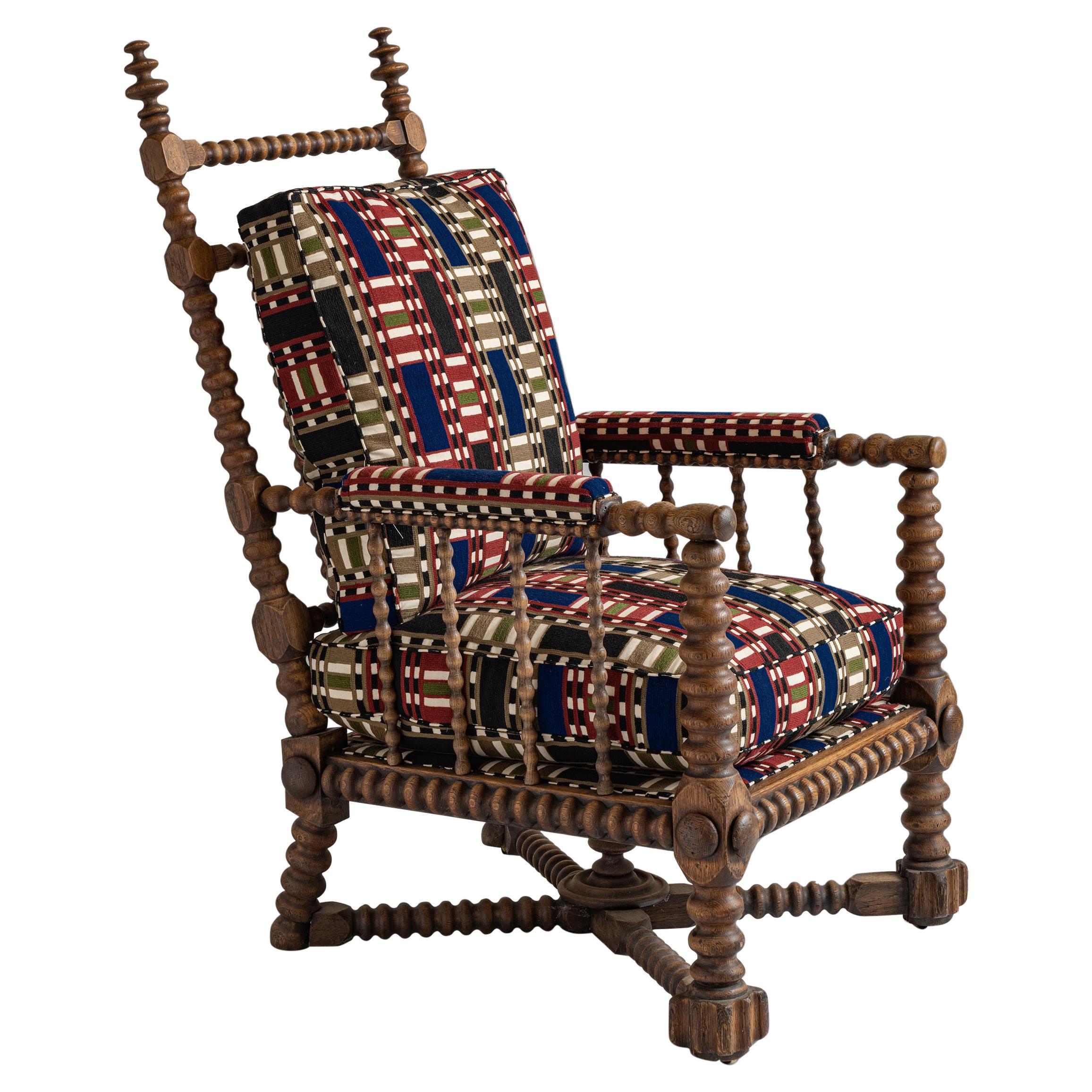 Oak Bobbin Armchair in Chain Stitch Embroidery, England, circa 1890