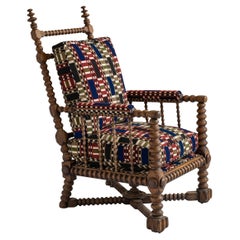 Antique Oak Bobbin Armchair in Chain Stitch Embroidery, England, circa 1890