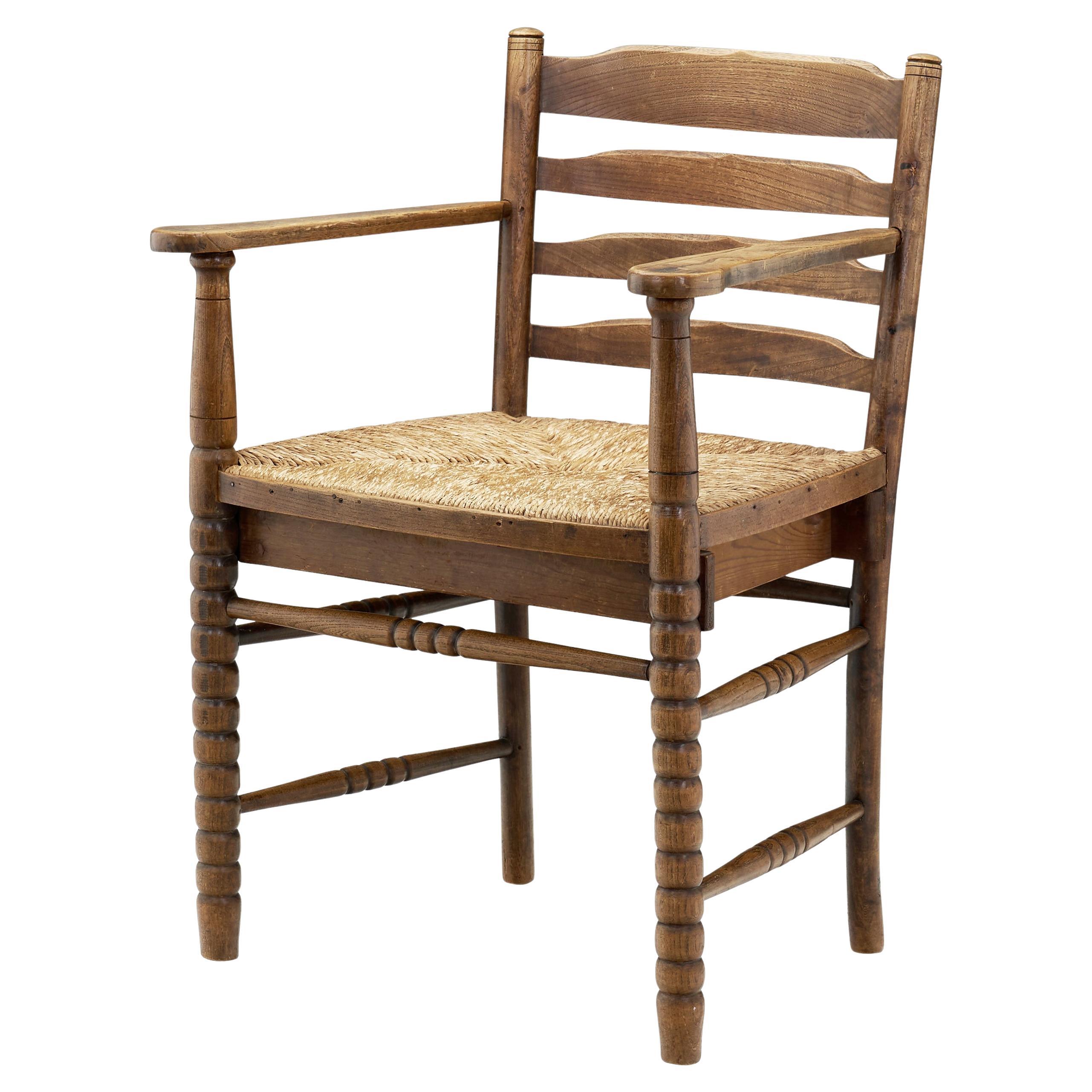 Oak Bobbin Armchair with Wicker Seat, The Netherlands 1930s