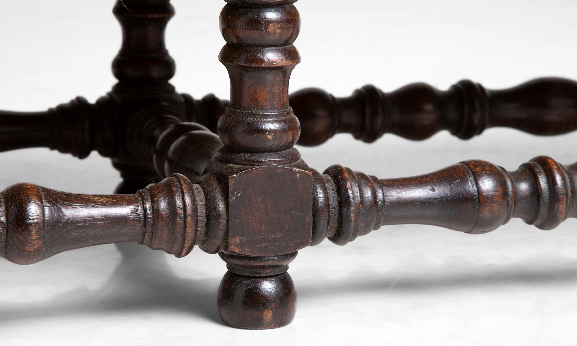 English Oak Bobbin Turned Bench in Boucle by Pierre Frey, England, circa 1900