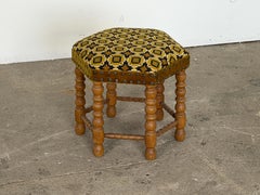 Oak Bobbin-Turned Stool, Needlepoint Seat, Scandinavian Modern, 1950s