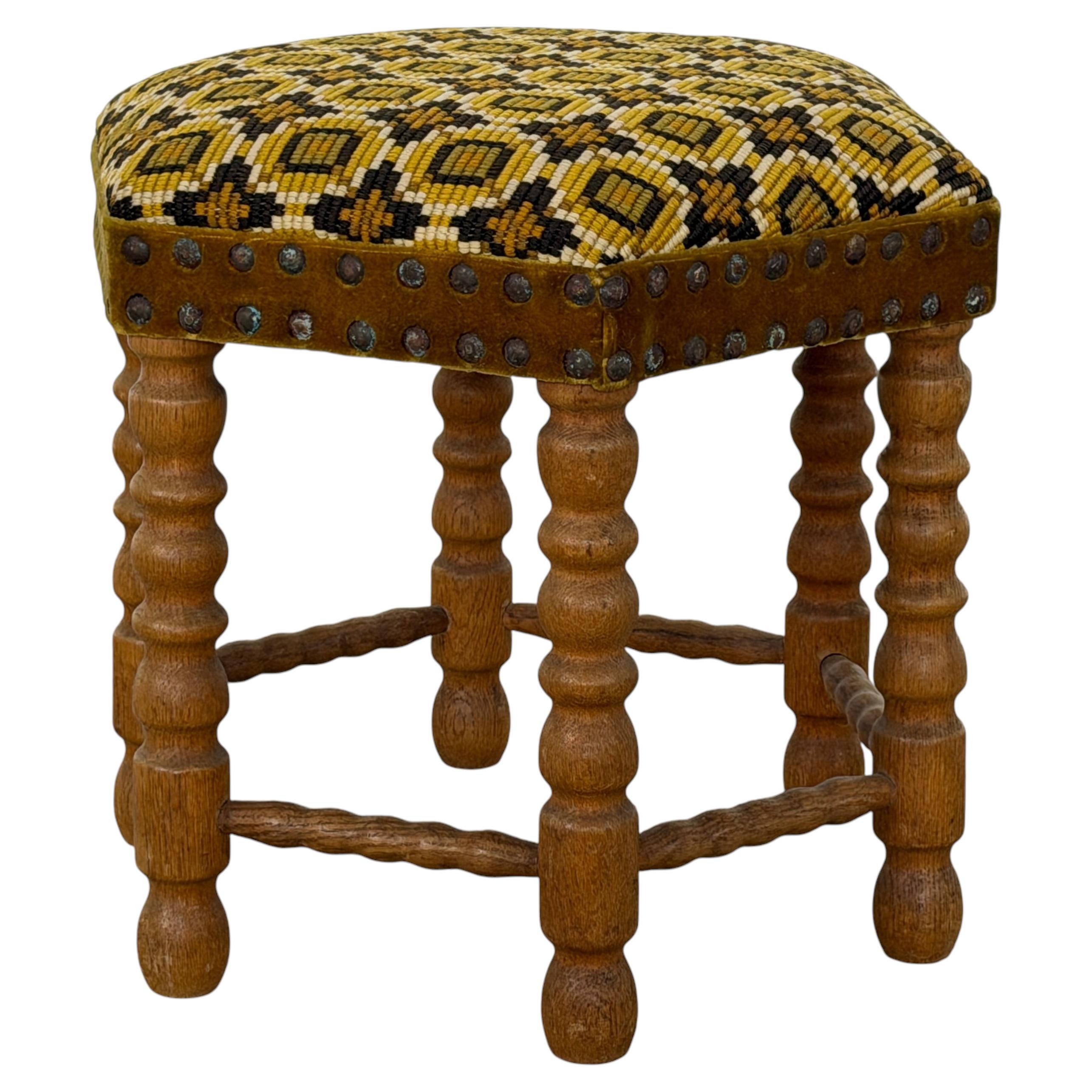 Oak Bobbin-Turned Stool, Needlepoint Seat, Scandinavian Modern, 1950s For Sale