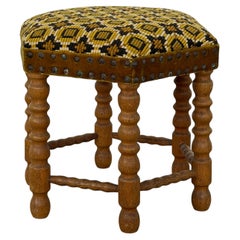 Oak Bobbin-Turned Stool, Needlepoint Seat, Scandinavian Modern, 1950s