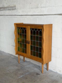 Oak Storage Cabinet with Stained Glass Door Mid-Century Modern 1970s
