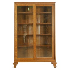 Oak Bookcase Two Sliding Glass Doors Adjustable Shelves
